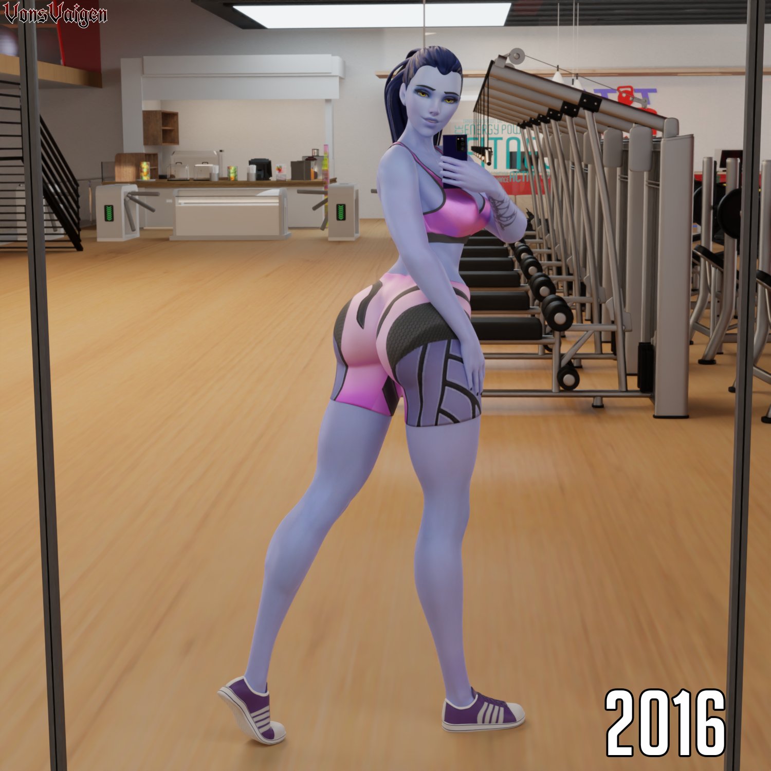 1girls, 3d, abs, alternate version available, amelie lacroix, ass, big ass, big breasts, blizzard entertainment, breasts, female, female only, fit, fit female, flexing, flexing bicep, gym, looking at viewer, muscular, muscular female, overwatch, overwatch 2, purple skin, selfie, short shorts, shorts, solo, sports bra, tattoo, thick thighs, vonsvaigen, wide hips, widowmaker, yellow eyes
