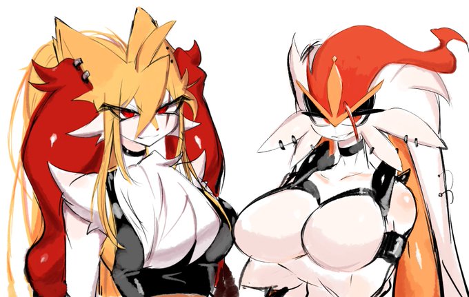 2girls, anthro, big breasts, breasts, cinderace, delphox, duo, featureless breasts, female, female only, furry, nintendo, pokemon, pokemon (species), punk, red eyes, red hair, usa37107692