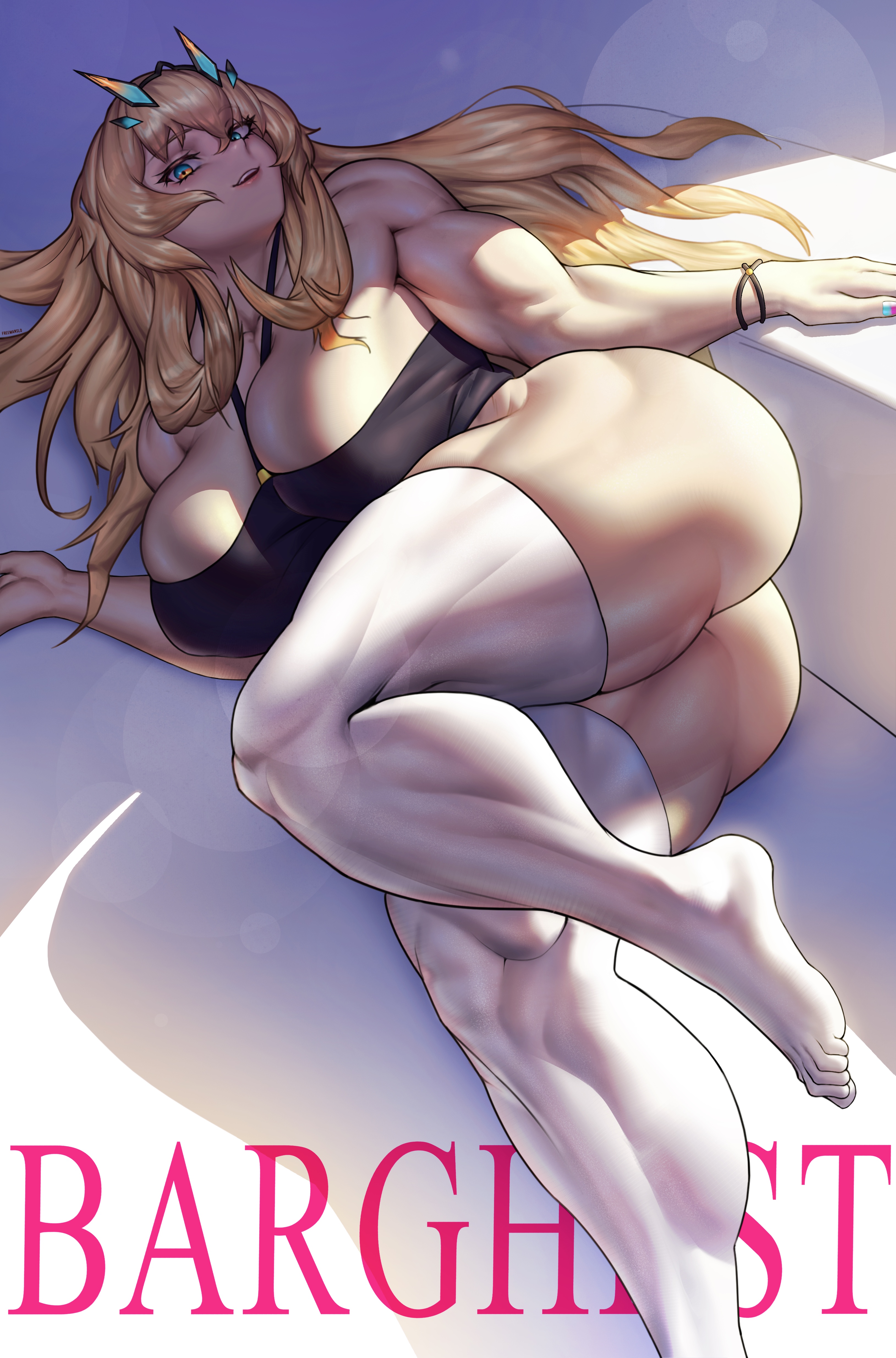 1girls, 2022, ass, barghest (gawain) (fate), biceps, big ass, big breasts, blonde hair, breasts, bubble ass, bubble butt, busty, clothing, crop top, fate (series), fate/grand order, female, female only, huge breasts, large ass, large breasts, light skin, light-skinned female, looking at viewer, lying, lying on side, muscular, muscular female, solo, the freeman, thick thighs, thighhighs, thunder thighs, wide hips