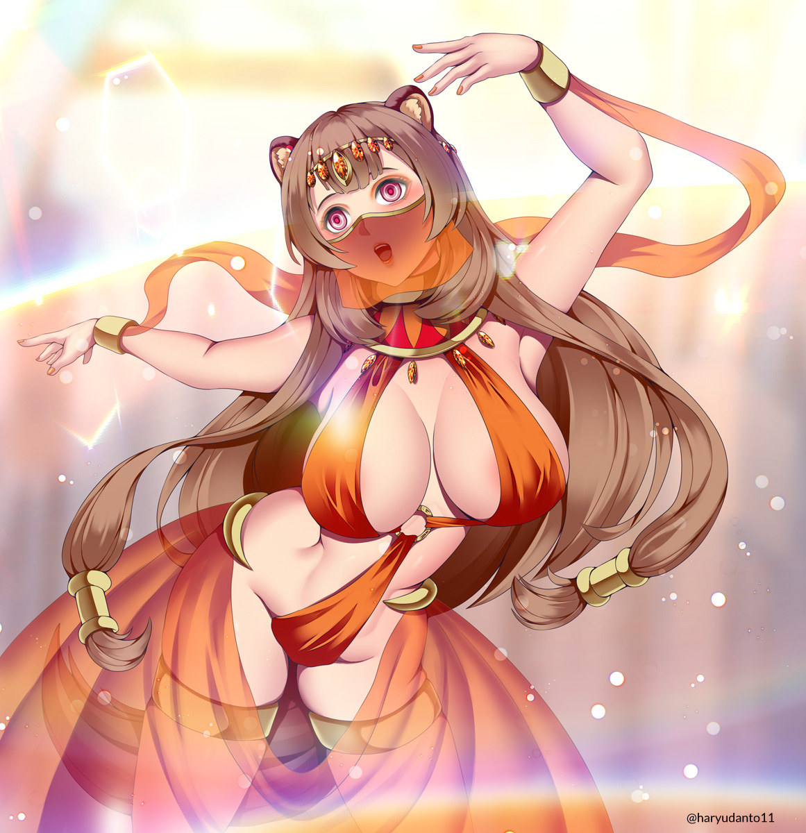 1girls, brown hair, empty eyes, female, female only, harem outfit, haryudanto, mouth veil, orange clothes, pink eyes, raphtalia, solo, tate no yuusha no nariagari, the rising of the shield hero, veil
