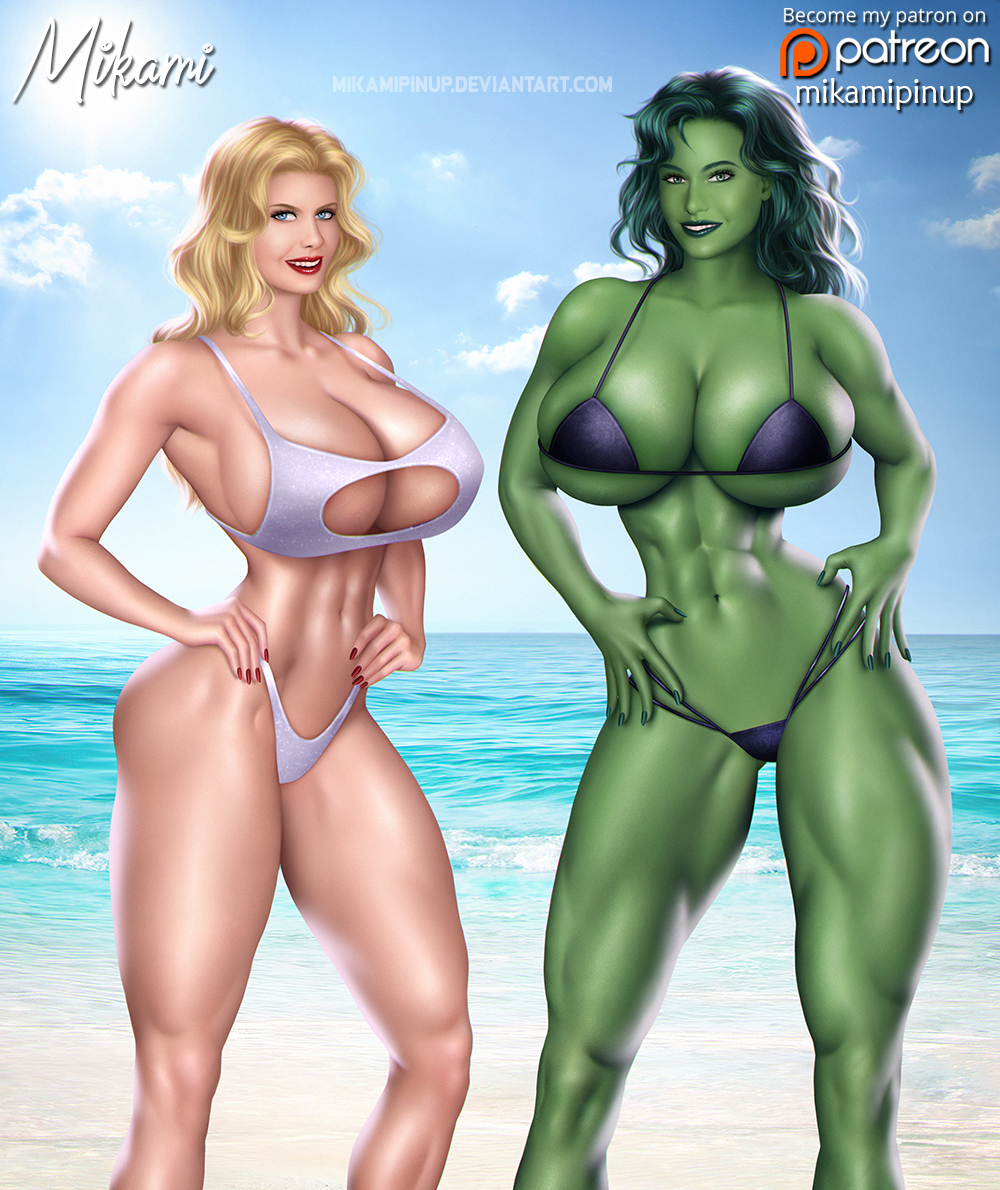 2girls abs artist_name barely_contained_breasts beach big_breasts bikini blonde_hair blonde_phantom busty digital_media_(artwork) female female_only giant_breasts green-skinned_female green_body green_eyes green_hair green_skin hips huge_breasts hulk_(series) light-skinned_female light_skin long_hair louise_grant marvel marvel_comics mikamipinup painted_nails she-hulk slim_waist thick thick_legs thick_thighs thighs toned toned_female voluptuous voluptuous_female waist watermark wide_hips