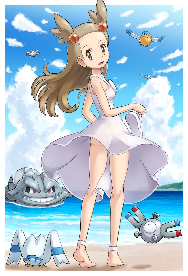 barefoot beach brown_hair clouds dress hair_ornament jasmine_(pokemon) legs looking_at_viewer looking_back magnemite nintendo open_mouth pelipper pokémon_(species) pokemoa pokemon pokemon_gsc sandals smiling standing steelix transparent_clothing transparent_dress white_dress white_sandals wingull