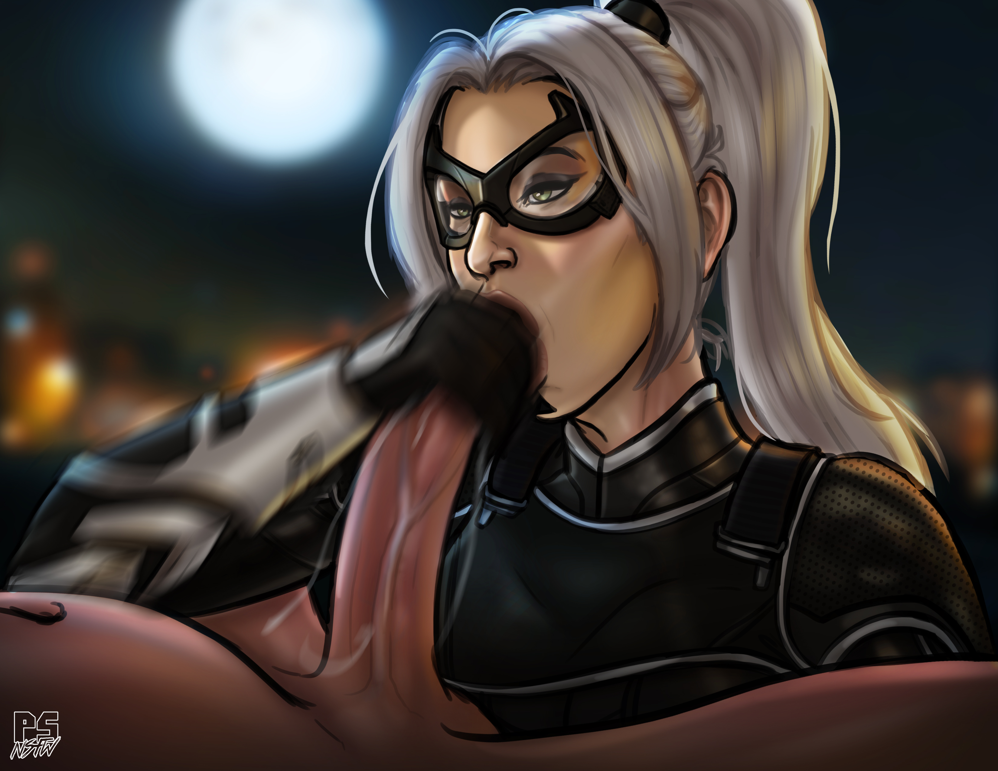 :>=, 1boy, 1girls, black cat (insomniac), black cat (marvel), black gloves, blowjob, felicia hardy, female, gloved handjob, gloves, hand on penis, handjob, handjob with gloves, holding penis, insomniac games, male, marvel, marvel comics, pumpkinsinclair, spider-man (ps4), spider-man (series), tagme, touching penis, unseen male face, white hair, white-haired female