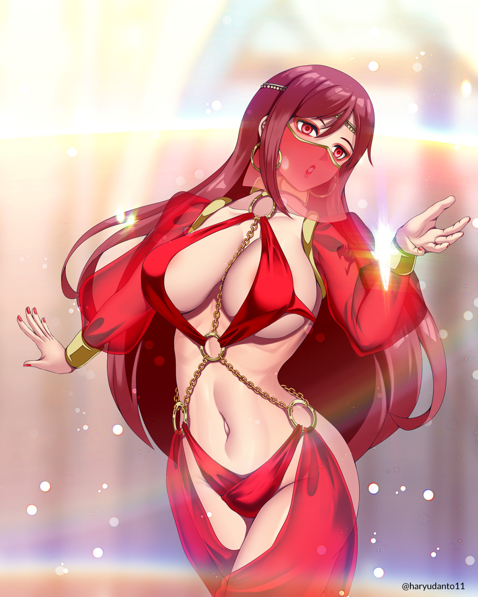 breasts, cleavage, clothing, erza scarlet, fairy tail, female, harem outfit, haryudanto, hypnosis, mouth veil, red eyes, red hair, solo, veil
