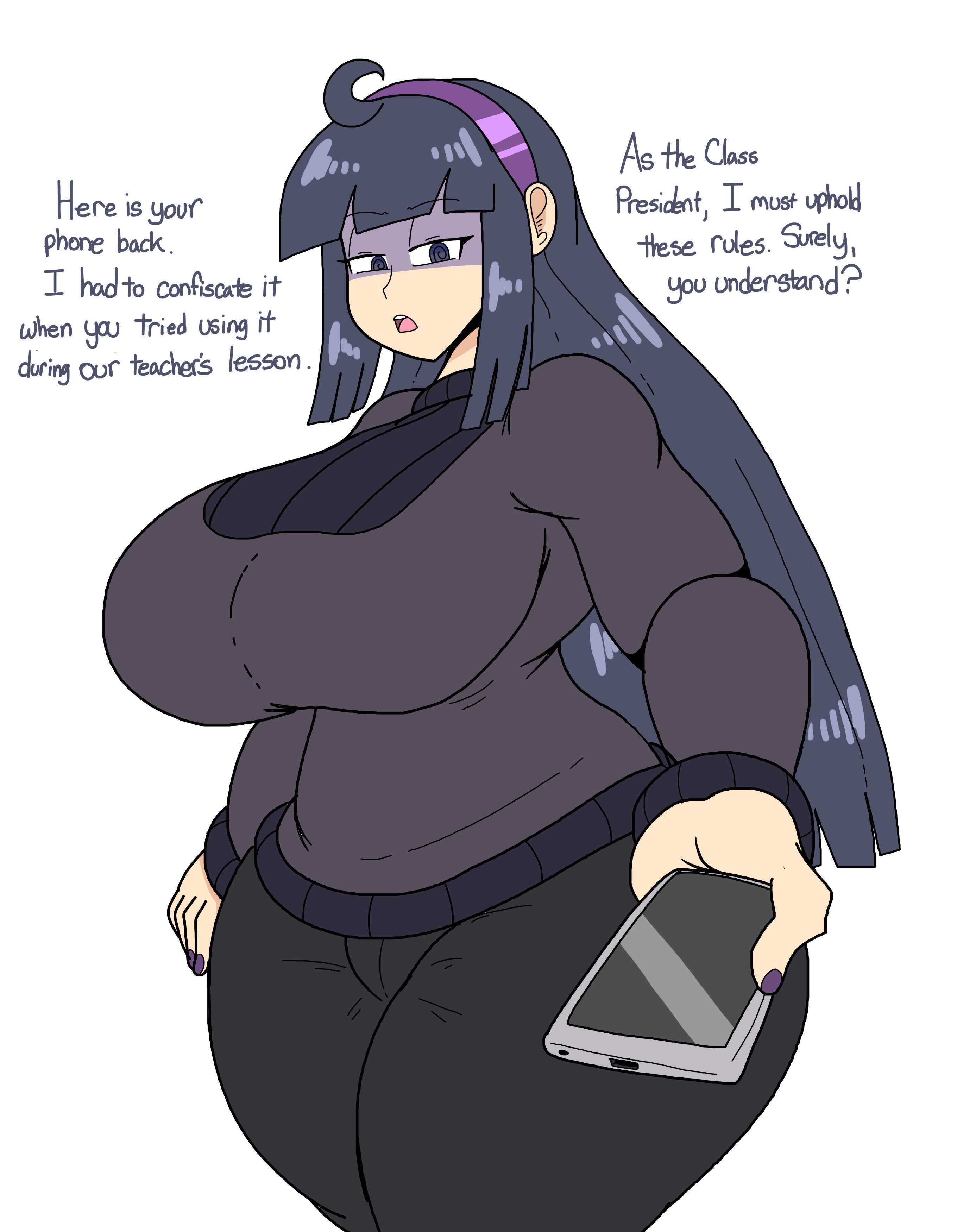 1girls, alternate hairstyle, breasts, breasts bigger than head, dialogue, english text, female, game freak, hex maniac, hips, holding object, huge breasts, large breasts, long hair, nintendo, phone, pokemon, pokemon xy, poopishness, pov, purple eyes, purple hair, straight hair, talking to viewer, text, thick thighs, thighs, wide hips