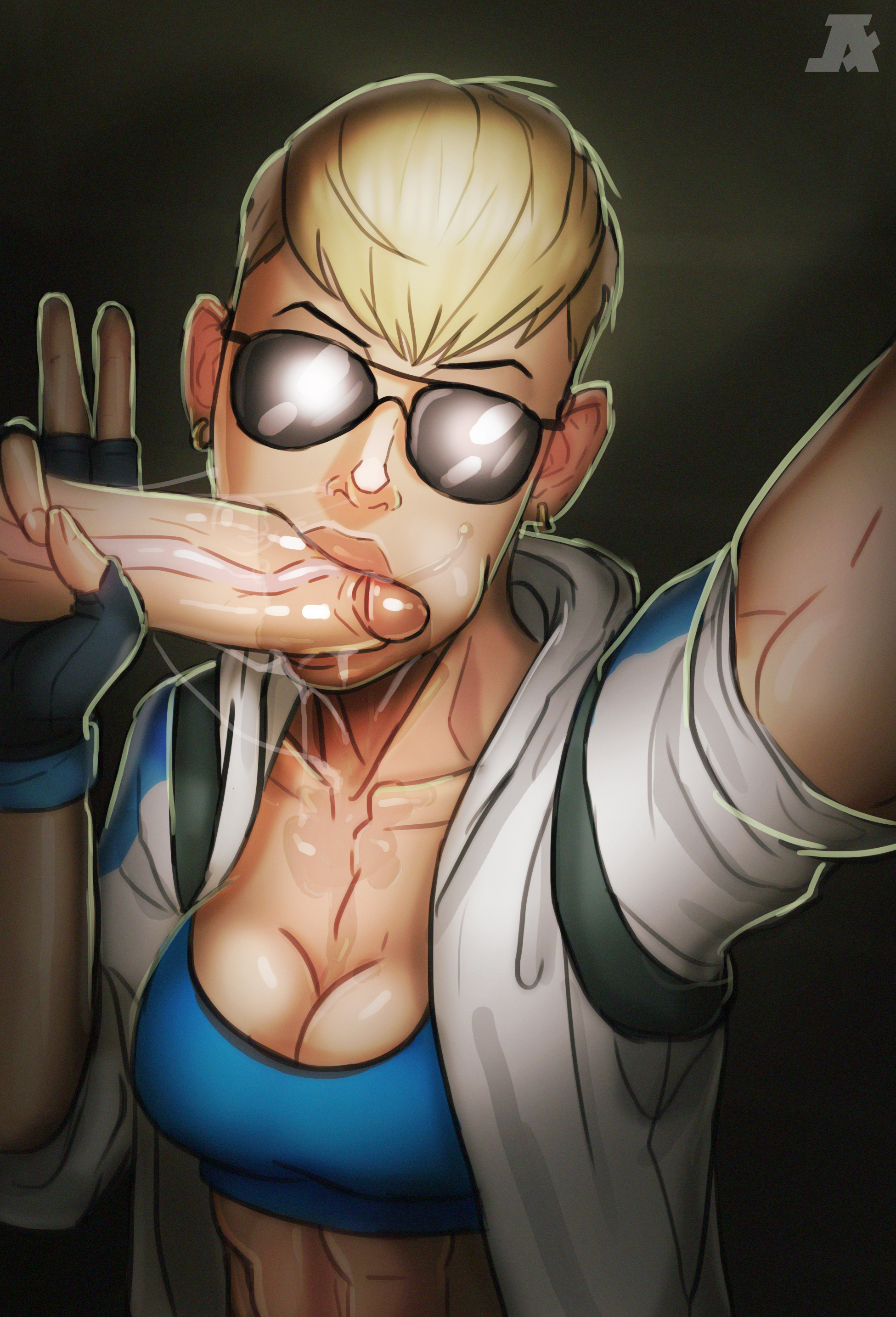 :>=, 1boy, 1girls, abs, aviator sunglasses, blowjob, blowjob face, breasts, cassie cage, cum, cum in mouth, cum on breasts, cum on face, cumshot, earrings, female, fingerless gloves, fit, fit female, light skin, light-skinned female, light-skinned male, male, mortal kombat, mortal kombat x, muscular, muscular female, partial male, peace sign, penis, penis in mouth, pumpkinsinclair, selfie, sports bra, sunglasses, tagme, tinted eyewear