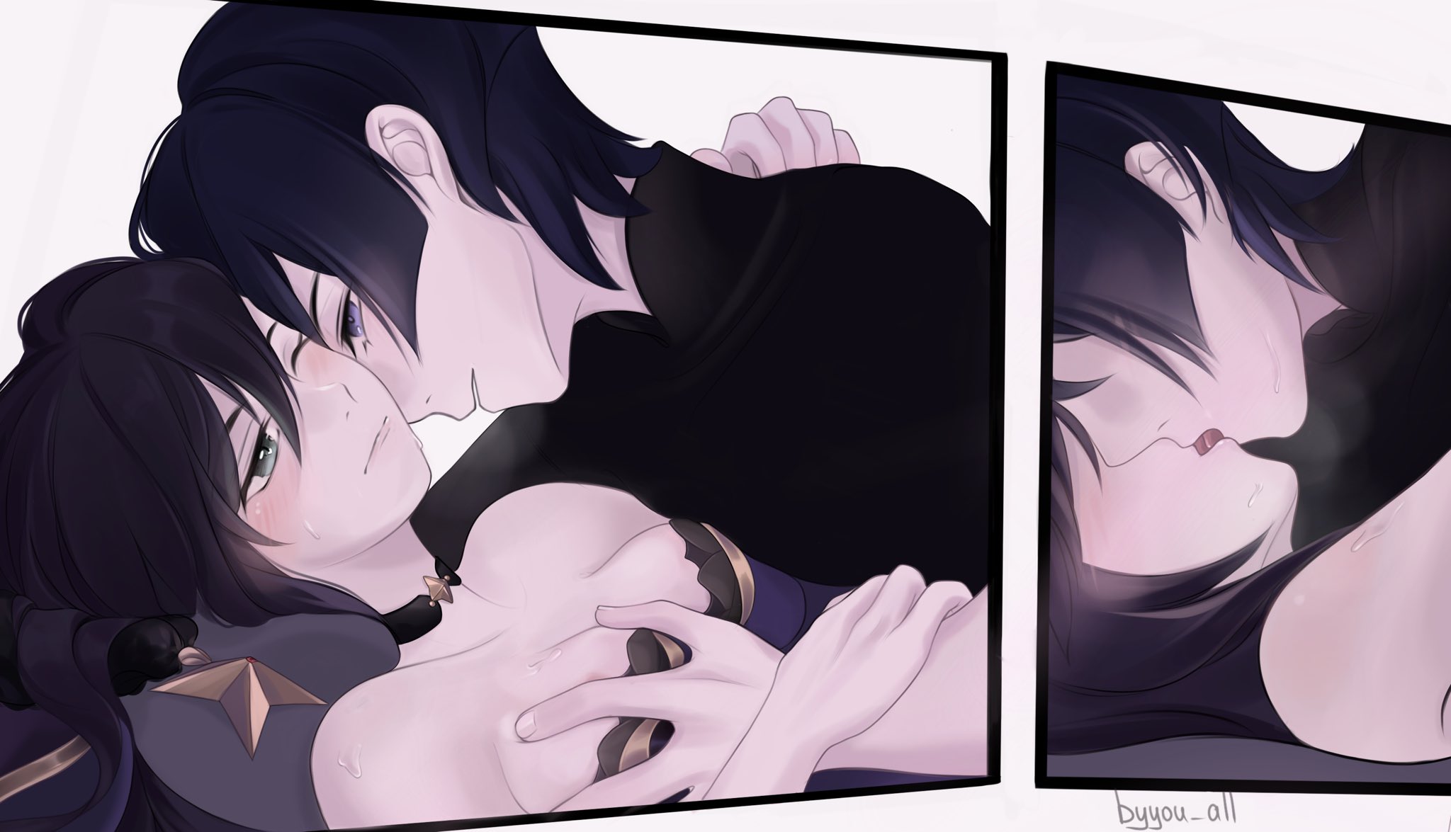 1boy, 1girls, assertive male, bangs, blue eyes, breast grab, breasts, byyou all, cleavage, dark hair, female, french kiss, genshin impact, hand on breast, kissing, lying on back, male, male/female, mona (genshin impact), one eye closed, romantic, scaramouche (genshin impact), sensual, straight, suggestive, tongue kiss