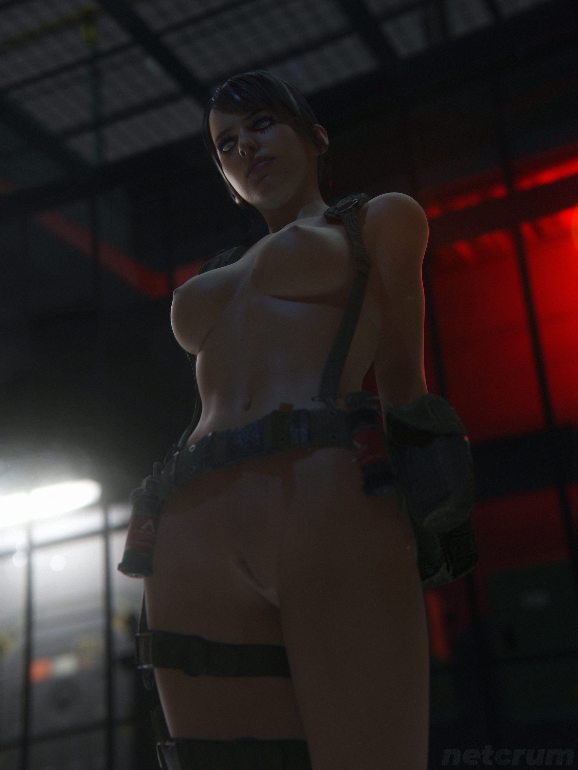 1girls, 3d, areolae, athletic, athletic female, belt, blender, bottomless, breasts, brown hair, detailed background, erect nipples, female, female focus, female only, harness, human, legwear, looking at viewer, looking down, medium breasts, metal gear, metal gear solid, metal gear solid v, netcrum, nipples, no bra, no panties, nude, nude female, pale skin, partially clothed, presenting, presenting breasts, presenting pussy, pussy, pussy lips, quiet (metal gear), solo, solo female, solo focus, standing, tactical nudity, topless, vagina, viewed from below, watermark