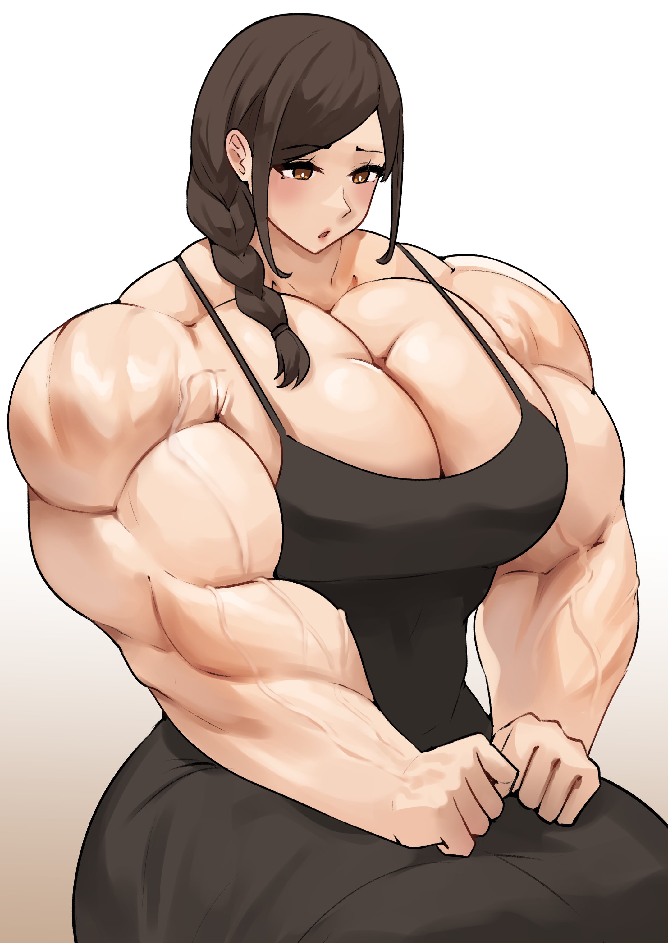 biceps, blush, braided hair, curvy, dark hair, dress, female, light skin, light-skinned female, long dress, looking down, mature female, muscles, musctonk, muscular, muscular arms, muscular chest, muscular female, original, pale skin, pale-skinned female, veiny muscles