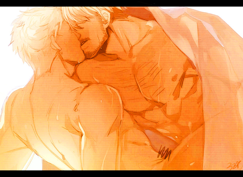 2boys age_difference attack_on_titan bara beard blonde_hair chest_hair couple covering erection facial_hair from_side hair_over_eyes implied_sex kissing kyosuke large_pectorals male_focus mature_male mike_zakarius moustache multiple_boys muscular muscular_male nipples nude_cover orange_theme pectorals penis reiner_braun scribble shingeki_no_kyojin short_hair spread_legs sweat yaoi