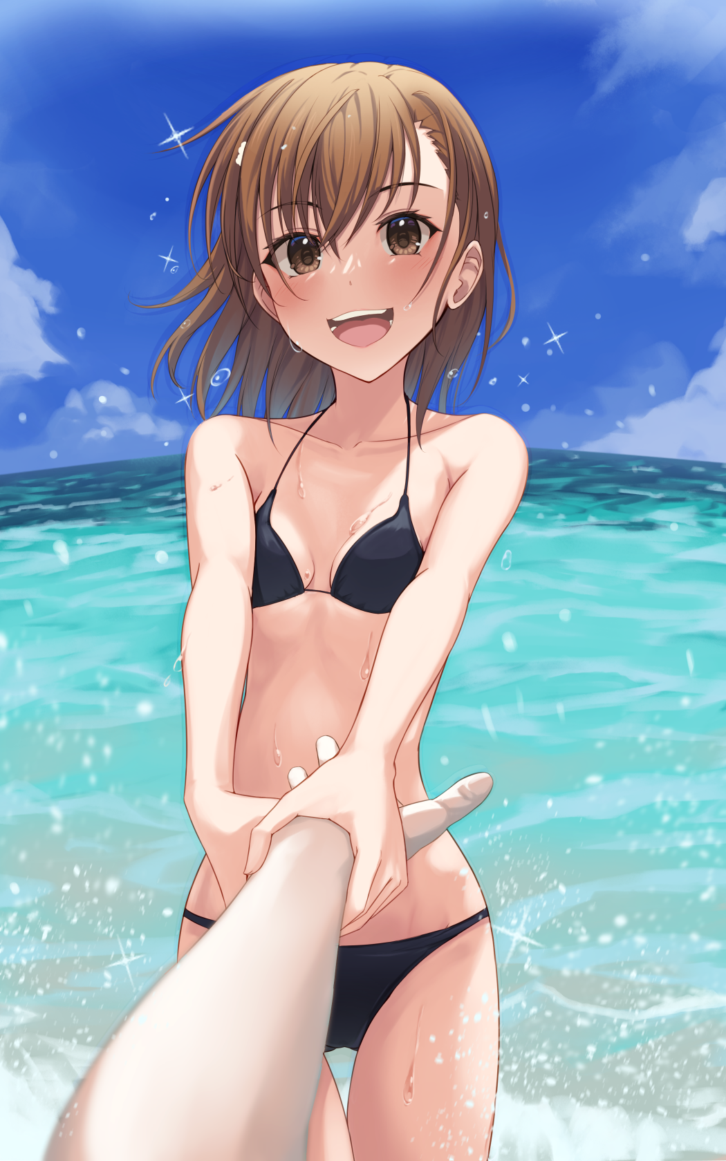 1girls 1other 2020s 2022 bare_shoulders beach bikini black_bikini blue_sky breasts brown_eyes brown_hair cloud collarbone commission cowboy_shot day dragging female hair_flower hair_ornament horizon k3rd matching_hair/eyes midriff misaka_mikoto navel ocean open_mouth open_smile outdoors short_hair sky small_breasts smile swimsuit teenage_girl teenager teeth to_aru_kagaku_no_railgun to_aru_majutsu_no_index upper_teeth_only water wet young