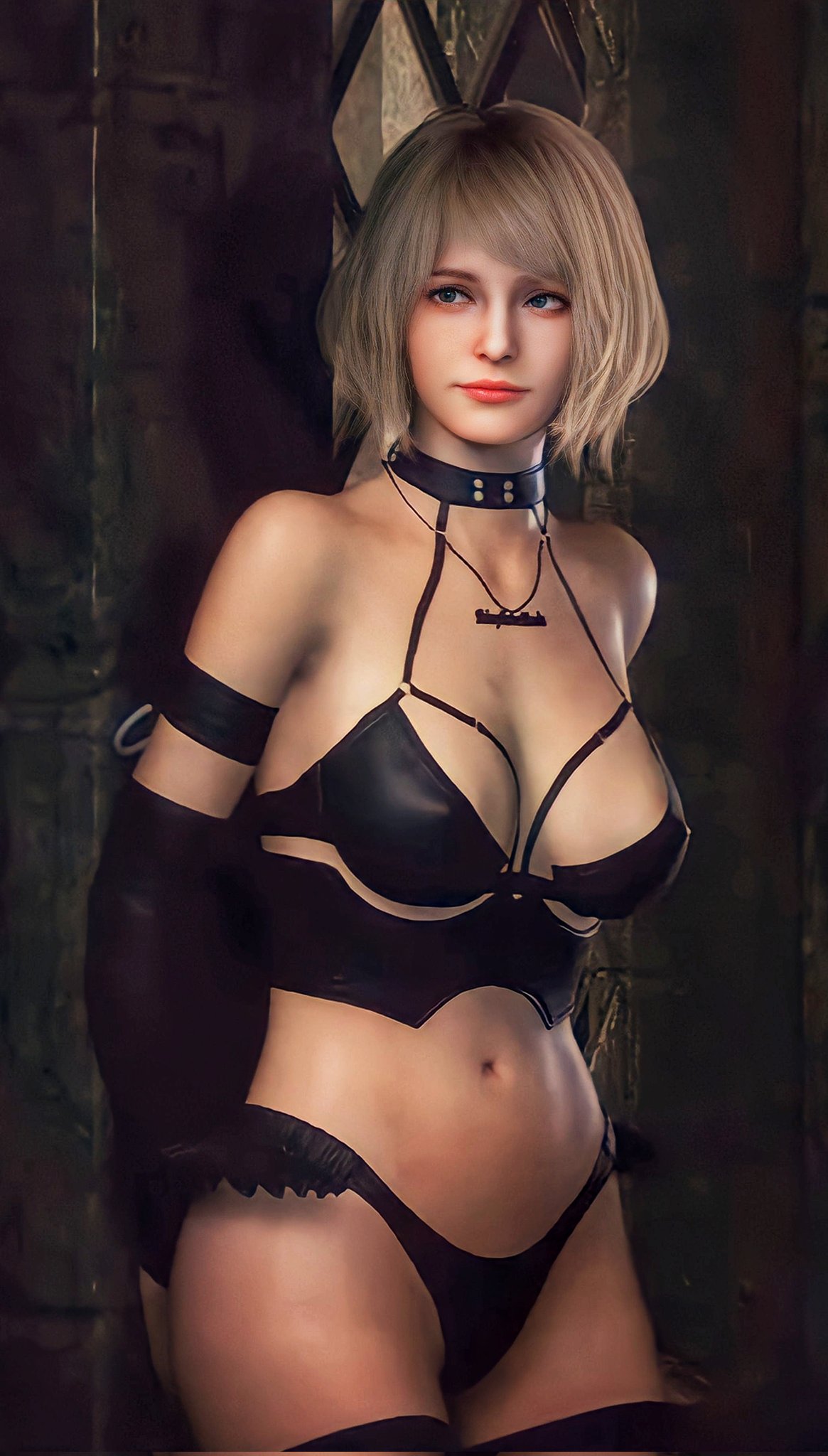 1girls, 3d, against wall, armband, ashley graham, ashley graham (ella freya), big breasts, breasts, capcom, choker, elbow gloves, female, female only, gloves, lingerie, necklace, panties, resident evil, resident evil 4, resident evil 4 remake, solo, stockings