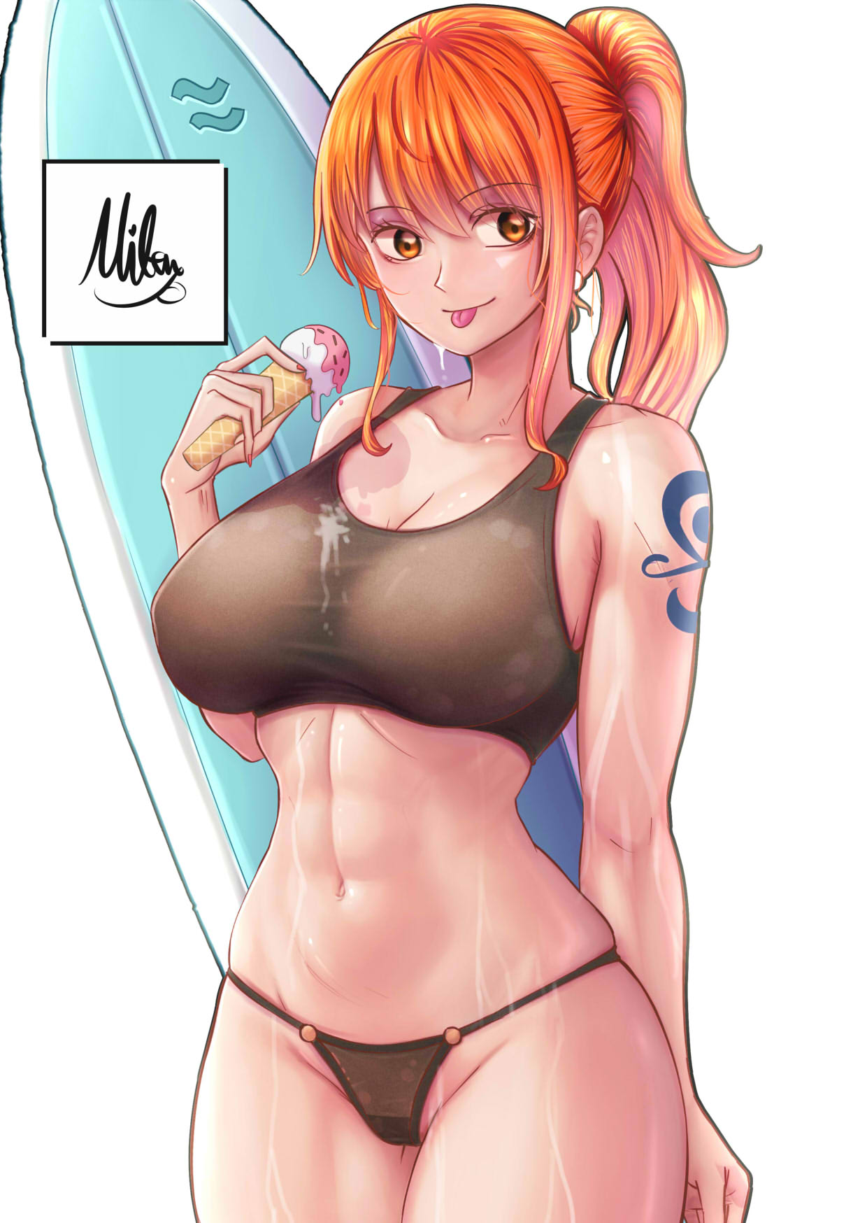 1girls, abs, arm tattoo, athletic female, bikini, bikini bottom, blue tattoo, breasts, clothing, female, female only, ice cream, large breasts, mifenami, nami (one piece), one piece, orange hair, orange-haired female, post-timeskip, surfboard, tattoo, tongue, tongue out