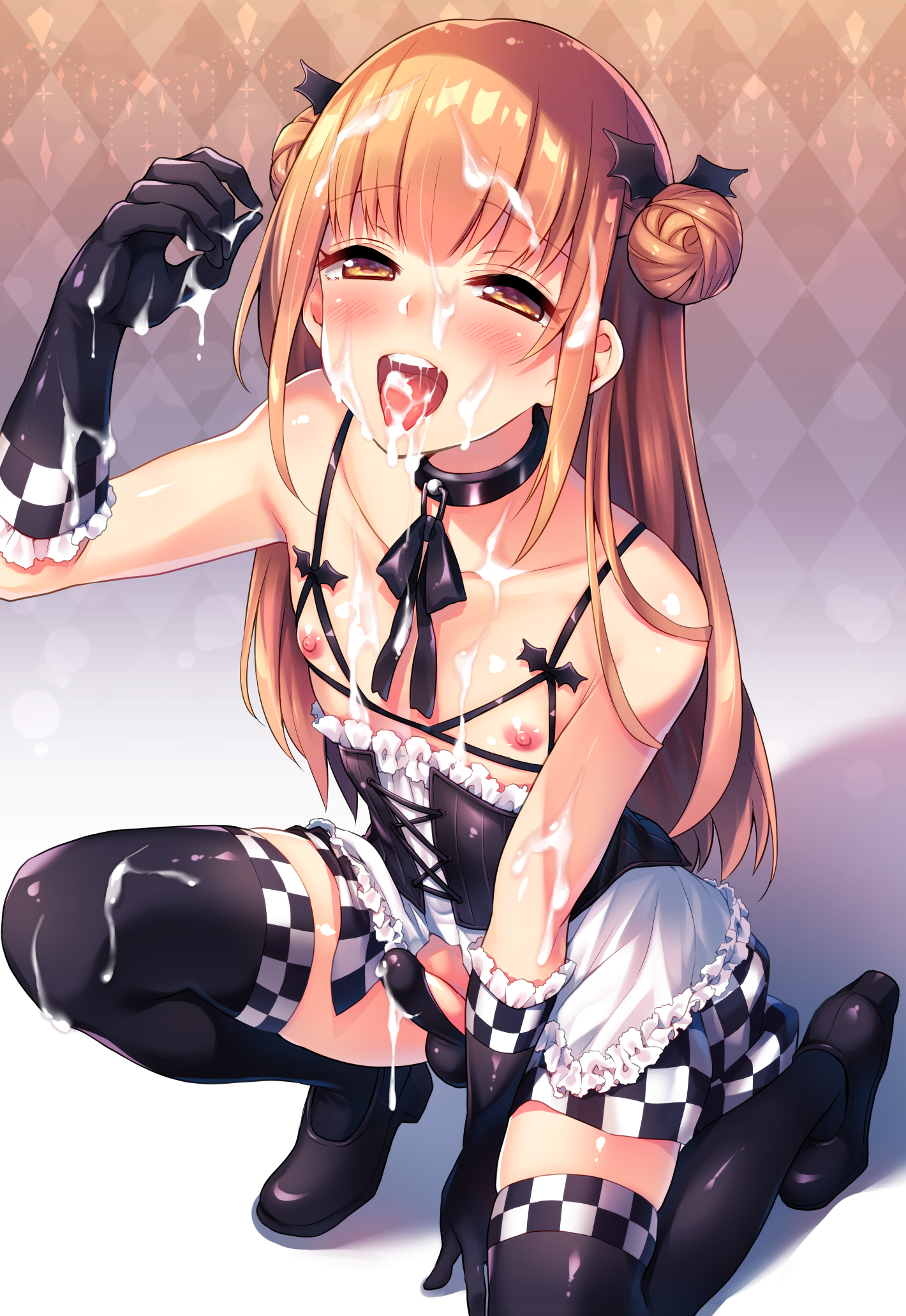 balls, blush, collar, covered balls, covered glans, cum, cum in mouth, cum on face, femboy, kneeling, lew, light skin, male, nipples, penis, semen, semen in mouth, semen on body, semen on face, tongue, tongue out, trap, uncensored