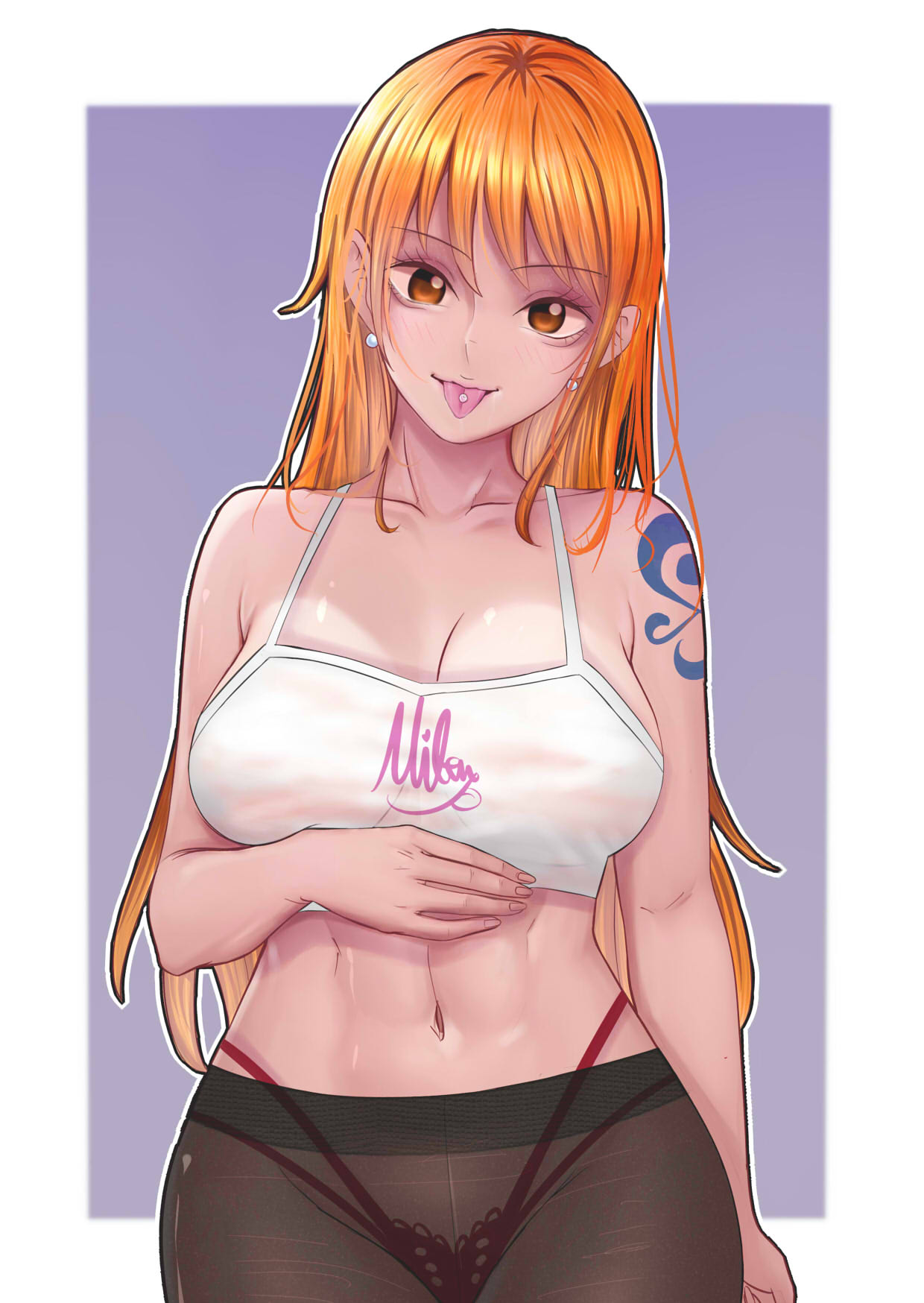 1girls, abs, arm tattoo, athletic female, blue tattoo, clothing, crop top, female, female only, mifenami, nami (one piece), one piece, orange hair, orange-haired female, pantyhose, post-timeskip, red thong, tattoo, thong, tongue, tongue out, tongue piercing