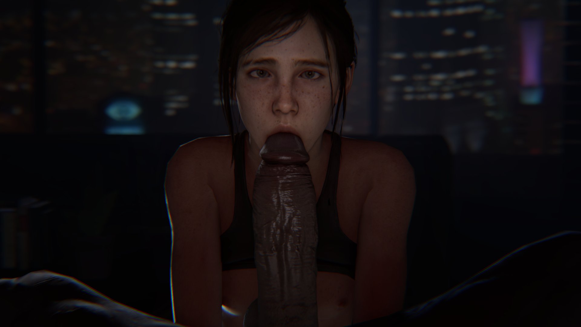 1boy, 1girls, 3d, big penis, breasts, brown hair, dark skin, dark-skinned male, ellie (the last of us), ellie williams, erection, fellatio, female, freckles, huge cock, human, interracial, just the tip, light skin, light-skinned female, looking at viewer, male, naughty dog, nipples, partial male, penis, pov, pov eye contact, sdfm, shirt, shirt up, small breasts, sony, sony corporation, sony interactive entertainment, straight, tagme, the last of us, veiny penis