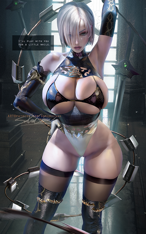 1girls big_breasts breasts cleavage cosplay crossover_cosplay female hartman_hips highleg_leotard hips holding_object hourglass_figure huge_breasts isabella_valentine large_breasts leotard light-skinned_female light_skin nier:_automata outfit_swap sakimichan short_hair slim slim_waist soul_calibur sword thick_thighs thigh_gap thighs thunder_thighs thunderthighs transforming_weapon voluptuous weapon whip white_hair wide_hips yorha_2b_(cosplay)