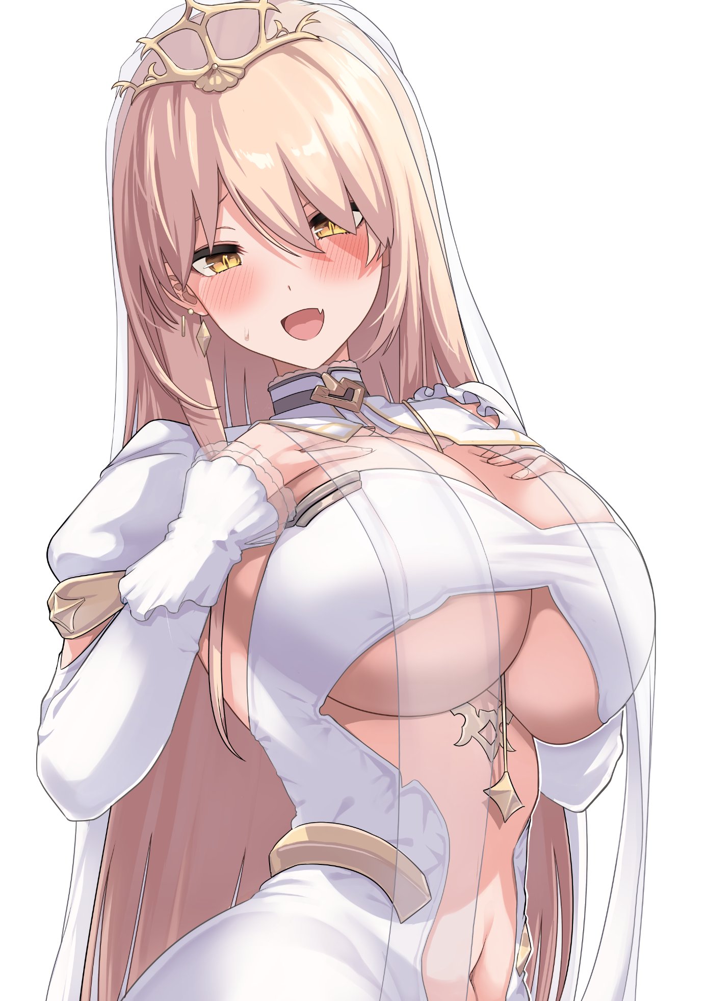 1girls, alternate costume, belly button, big breasts, blonde hair, blush, breast curtains, breasts, female, female only, huge breasts, light skin, light-skinned female, nijisanji, nui sociere, oerba yun fang, simple background, solo, tiara, underboob, upanishi mariko, veil, virtual youtuber, white background, yellow eyes