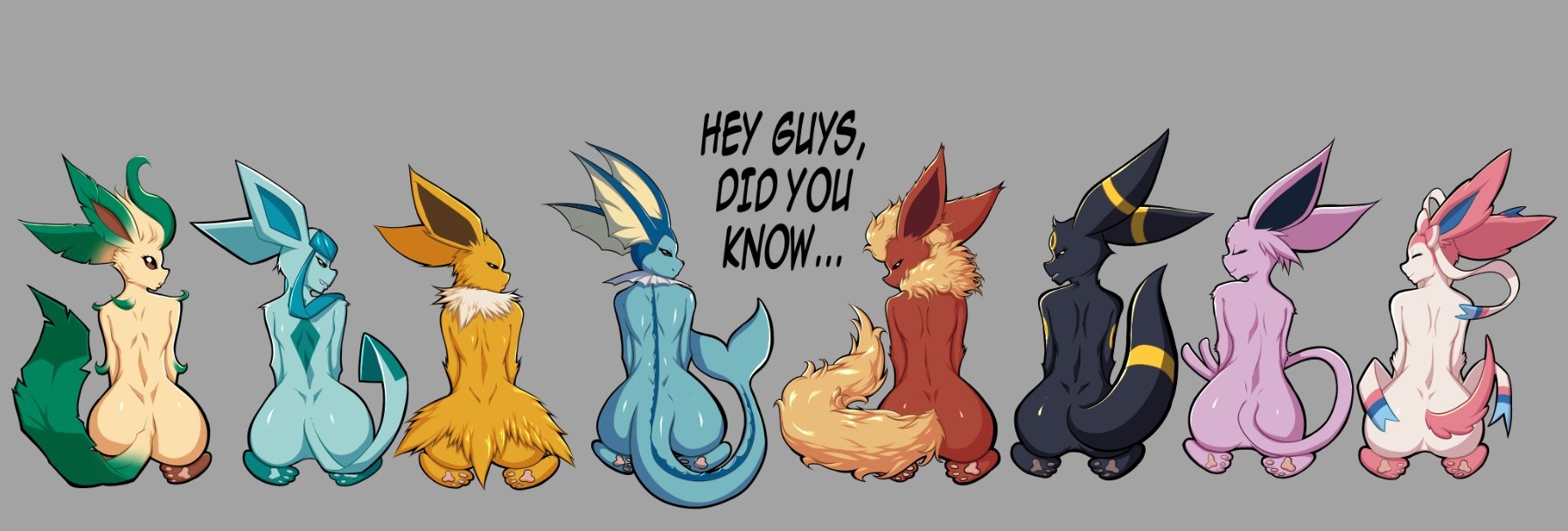 anthro, back view, bakuhaku, eeveelution, english text, espeon, flareon, furry, glaceon, jolteon, leafeon, lineup, looking back, meme, pokemon, pokemon (species), simple background, sylveon, tagme, take your pick, umbreon, vaporeon
