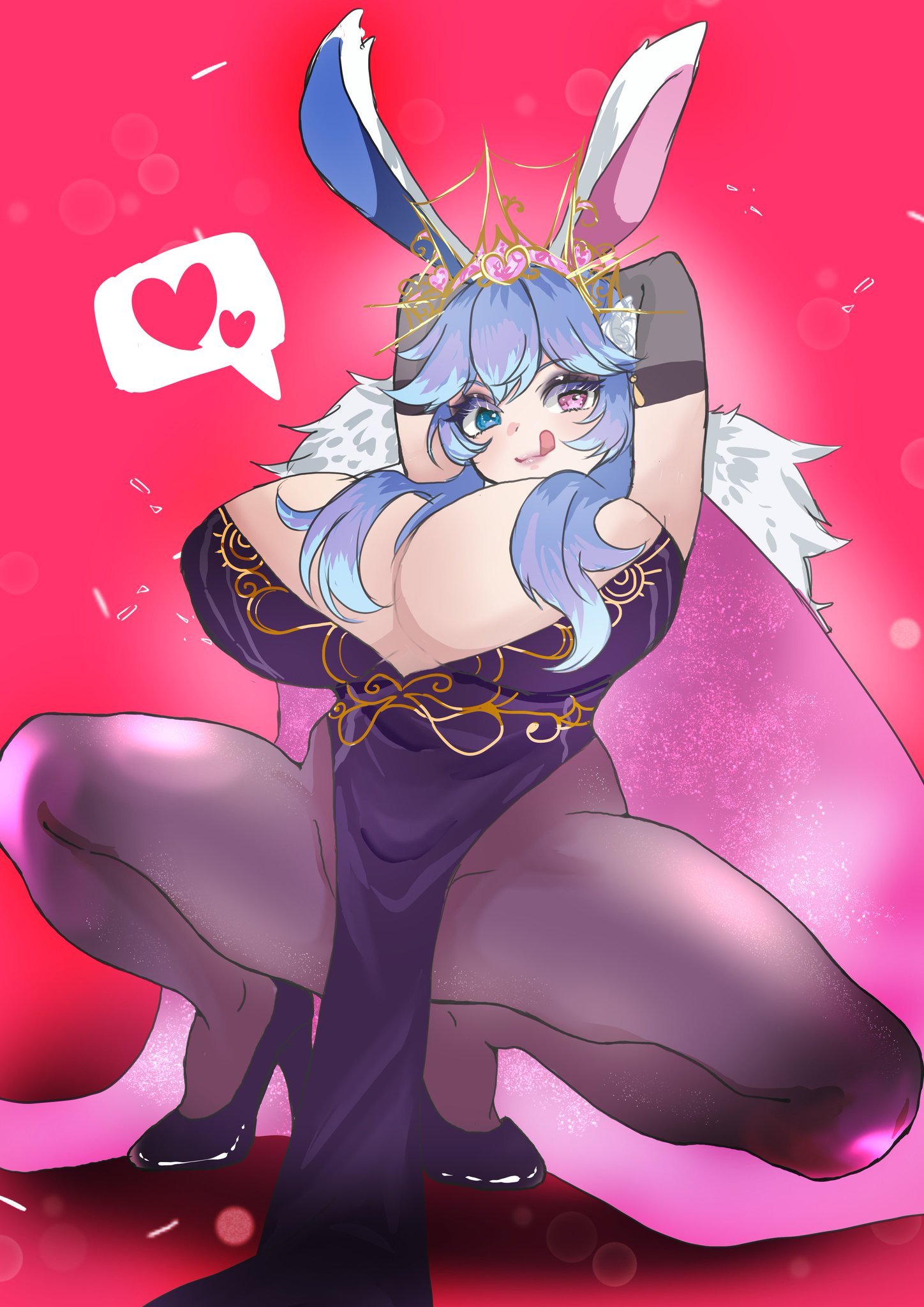 1girls, animal ears, blue eye, blue hair, breasts, bunny ears, cleavage, clothed, clothing, cottontail (vtuber), female, female only, heels, heterochromia, high heels, huge breasts, indie virtual youtuber, licking lips, light skin, light-skinned female, pink eye, solo, spoken hearts, squatting, suggestive pose, tare33y (taremimi), tiara, virtual youtuber
