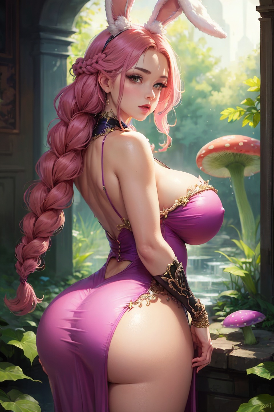 1girls, ai generated, breasts, bunny ears, bunny girl, curvaceous, curvy, curvy body, curvy female, curvy figure, dress, erect nipples, erect nipples under clothes, female, hi res, high resolution, huge breasts, long hair, nipple bulge, nipples, pink hair, seductive look, stable diffusion