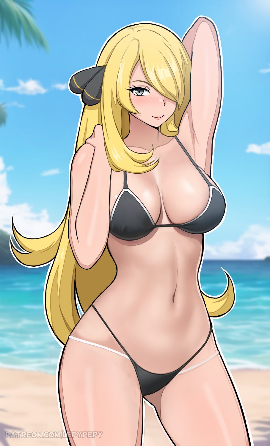 1girls beach bikini bikini_bottom bikini_top black_bikini black_eyes blonde_hair blush breasts cleavage cynthia_(pokemon) female female_only game_freak hair_over_one_eye large_breasts lepypepy lips long_hair mature mature_female mature_woman pokemon pokemon_dppt smile solo swimwear thighs