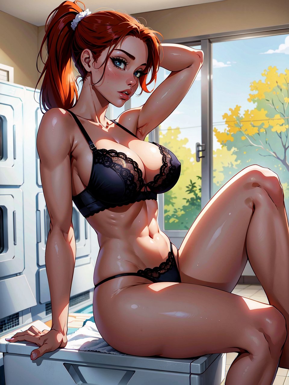 1girls, ai generated, black lingerie, breasts, curvaceous, curvy body, curvy female, curvy figure, female, high resolution, highres, huge breasts, laundry, lingerie, long hair, ponytail, red hair, seductive look, stable diffusion, underwear