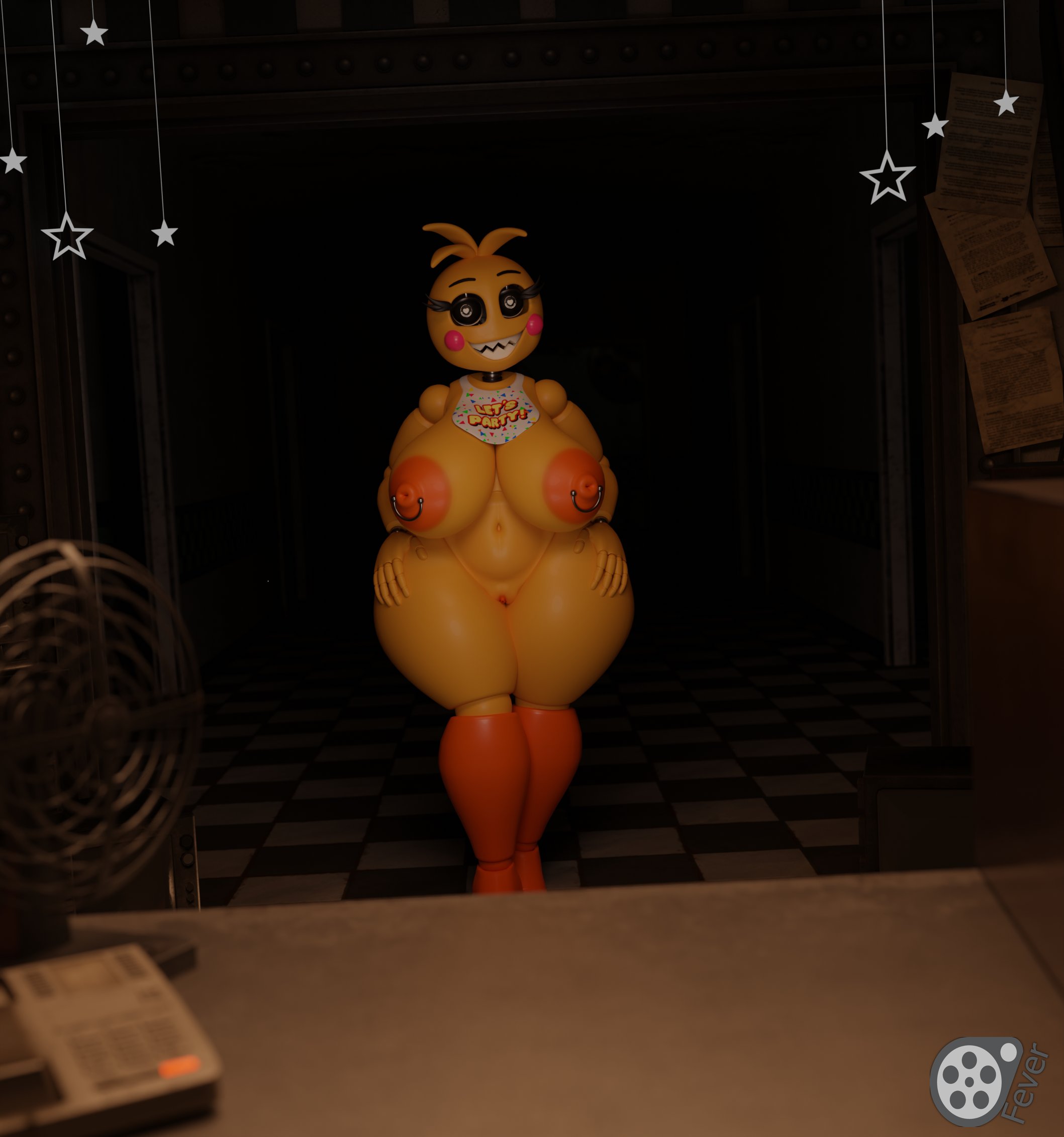 1girls, 3d, bib, big breasts, blush, breasts, eyebrows, eyelashes, female, female only, feversfm, five nights at freddy's, five nights at freddy's 2, glowing eyes, hands on hips, heart-shaped pupils, hips, large breasts, lovetaste chica, navel, nipple piercing, nipples, piercing, pussy, sharp teeth, solo, solo female, solo focus, thick thighs, thighs, toy chica (fnaf), toy chica (love taste), wide hips, yellow body, yellow skin