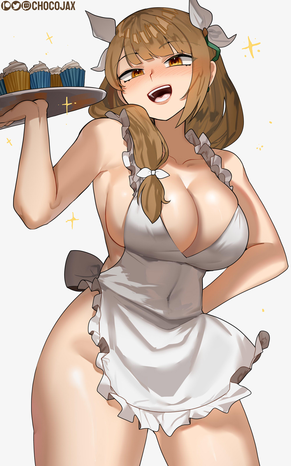 1girls :d apron breasts brown_eyes brown_hair chocojax cleavage commentary_request covered_navel cowboy_shot cupcake female female_only fire_emblem fire_emblem_engage food goldmary_(fire_emblem) grey_background groin hair_ribbon highres holding holding_tray large_breasts light-skinned_female light_skin long_hair looking_at_viewer naked_apron nintendo nude nude_female open_mouth ribbon simple_background smile solo standing thighs tray white_apron white_ribbon