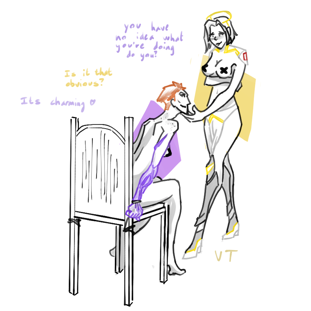 bad_art blush bondage embarrassed femdom hand_on_chin lezdom mercy moira overwatch overwatch_2 pasties tied_to_chair tied_up yuri