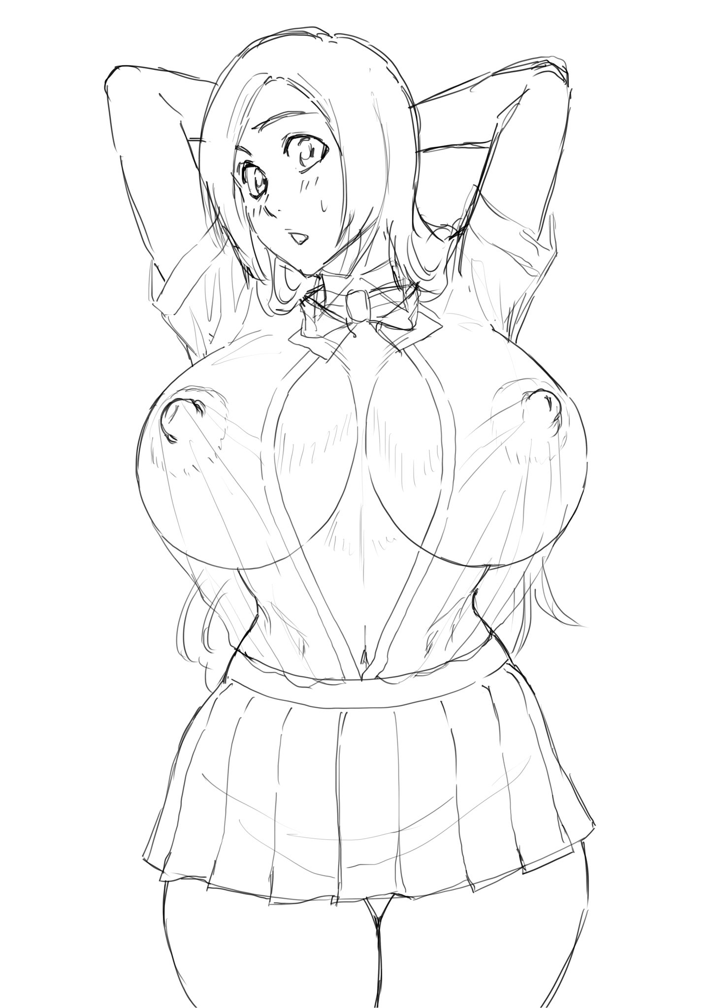 1girls, about to burst, arms behind head, barely contained, barely contained breasts, barely fits, big breasts, bleach, breasts, breasts too big, bursting breasts, covered nipples, female, highres, huge breasts, inconvenient breasts, inoue orihime, iwao178, large breasts, monochrome, nipples, no bra, open shirt, school uniform, schoolgirl, see-through, skimpy, skimpy clothes, skirt, solo, standing, tight fit, too tight, undersized clothes, undersized clothing, visible nipples, voluptuous, wardrobe malfunction