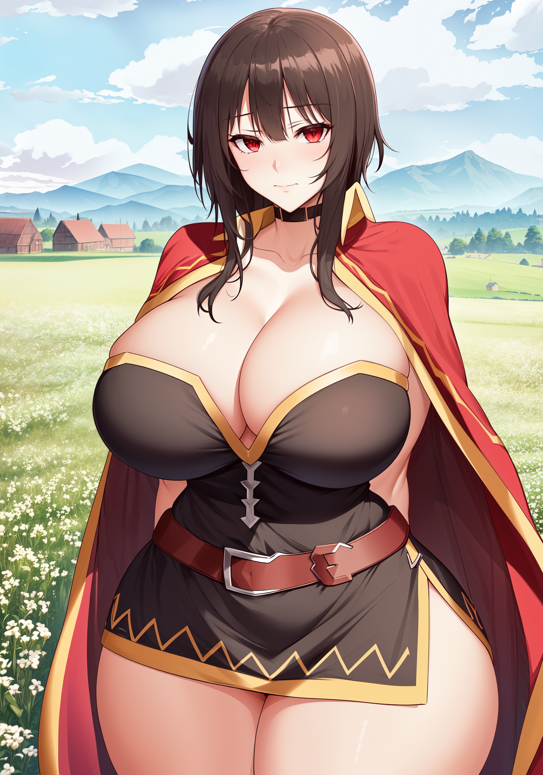 1girls, aged up, ai generated, breasts, brown hair, cape, cleavage, clothed, female, hips, huge breasts, kono subarashii sekai ni shukufuku wo!, light skin, light-skinned female, megumin, oatmealdood, outdoors, red eyes, stable diffusion, thick thighs, thighs, voluptuous, wide hips