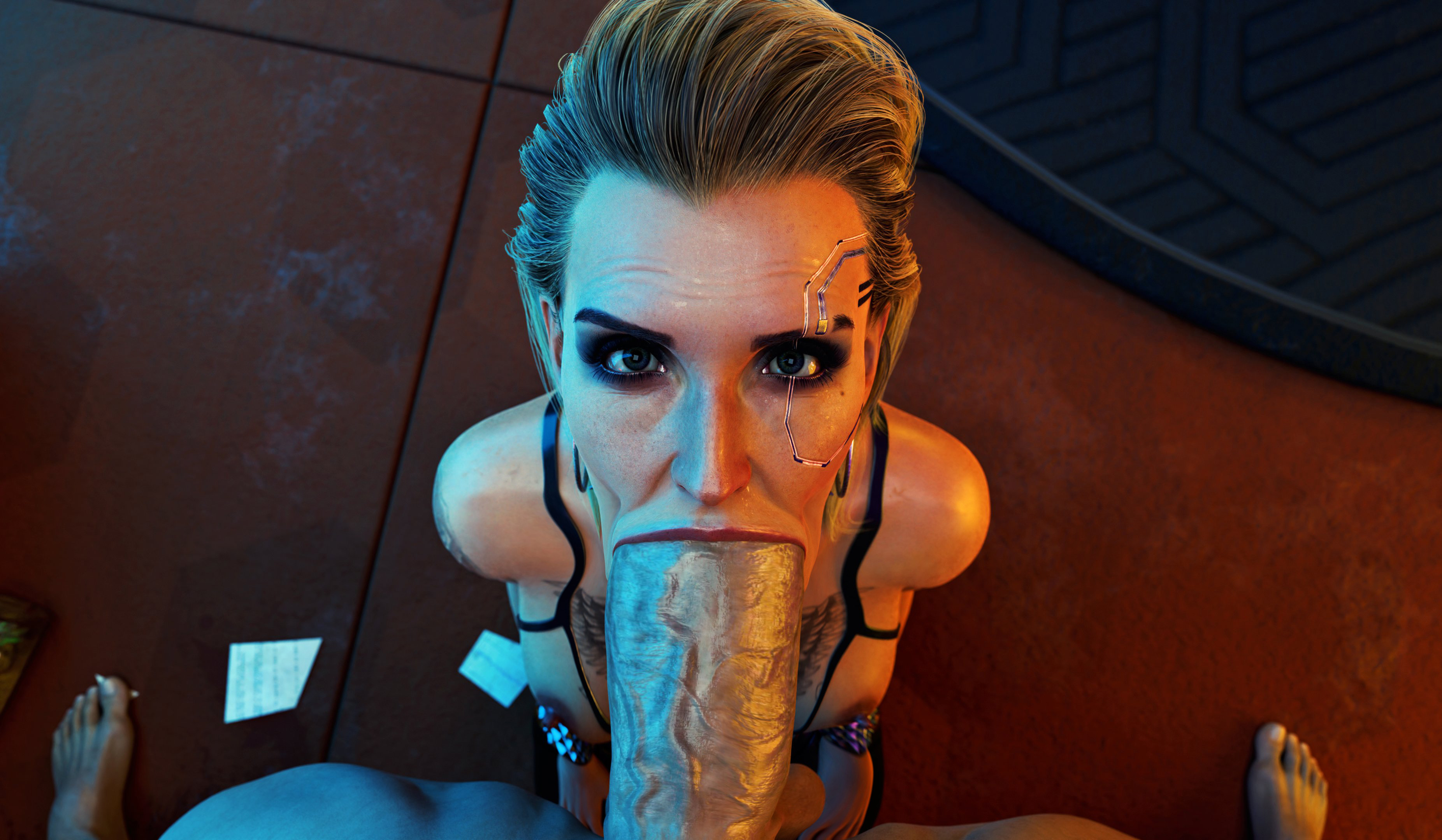 3d, blowjob, cd projekt red, cyberpunk 2077, edit, edited, fellatio, huge cock, impossible fit, looking at viewer, male, meredith stout, on knees, penis, pov eye contact, sfmlover22, veiny penis