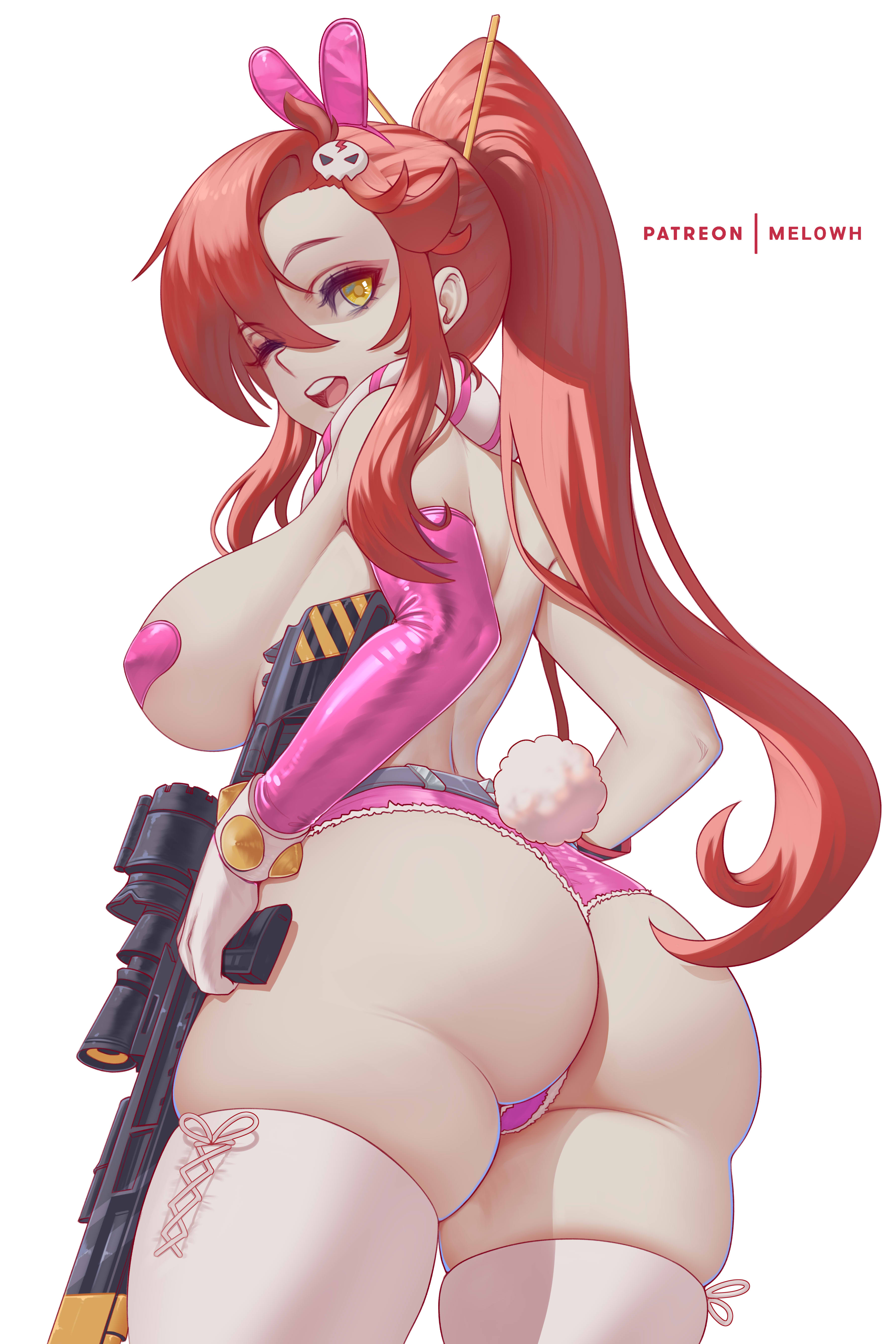 1girls, ass, breasts, bubble ass, bubble butt, bunny ears, female, female only, gun, heart-shaped pasties, hi res, huge ass, huge breasts, large breasts, long hair, melowh, pasties, ponytail, red hair, reverse bunnysuit, simple background, tengen toppa gurren lagann, yoko littner
