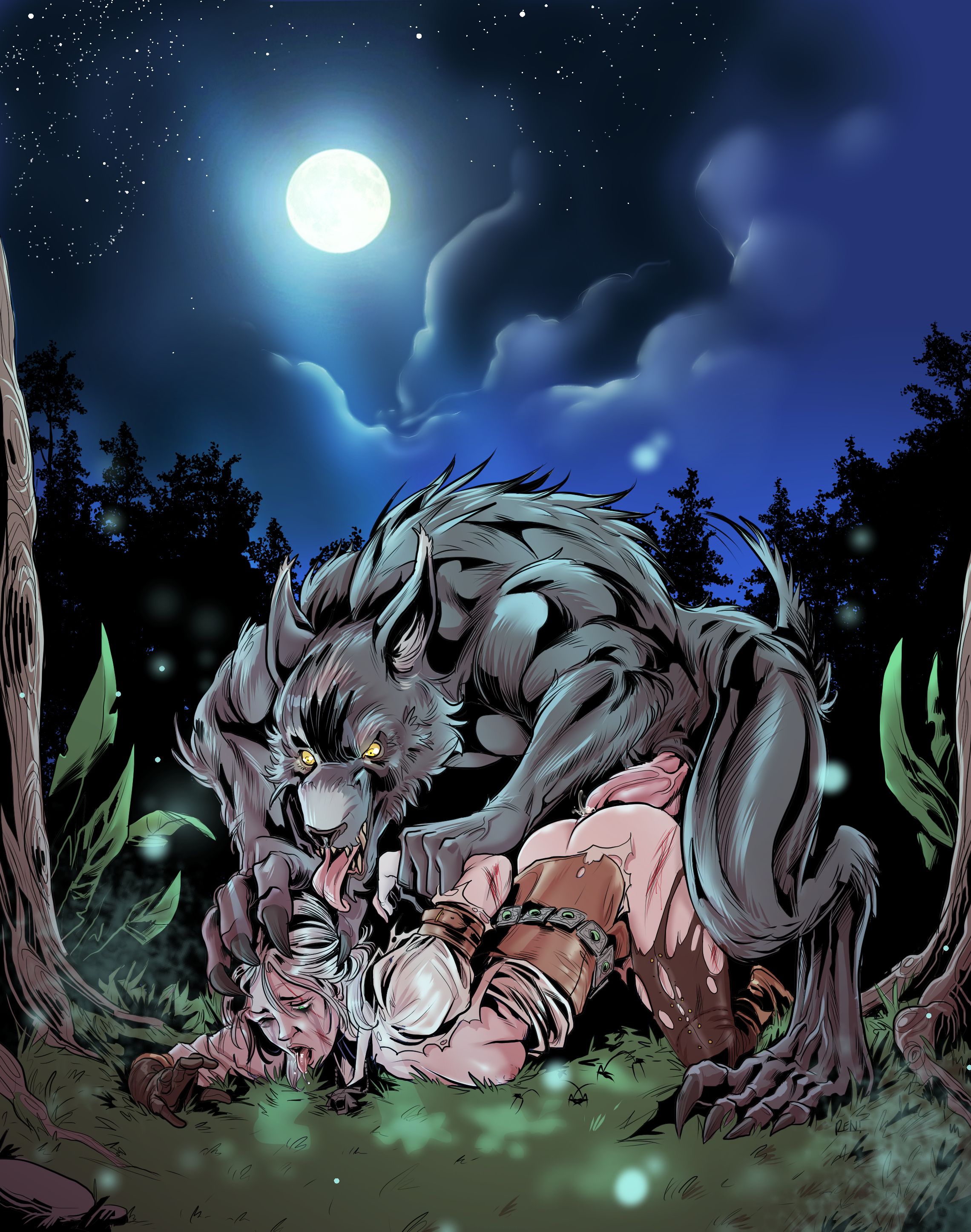 1boy, 1girls, anal, anal penetration, anal sex, animal genitalia, arm behind back, arm grab, blood, bruise, bruised, bruises, ciri, female, forest, full moon, fur, grass, light skin, light-skinned female, male, male on top, moon, on all fours, outdoors, penis, rape, renx, saliva, scar, scarred, sex, sky, stars, tail, tears, the witcher, the witcher (series), the witcher 3: wild hunt, tongue, tongue out, torn clothes, torn clothing, tree, trees, veiny penis, werewolf, white hair, yellow eyes