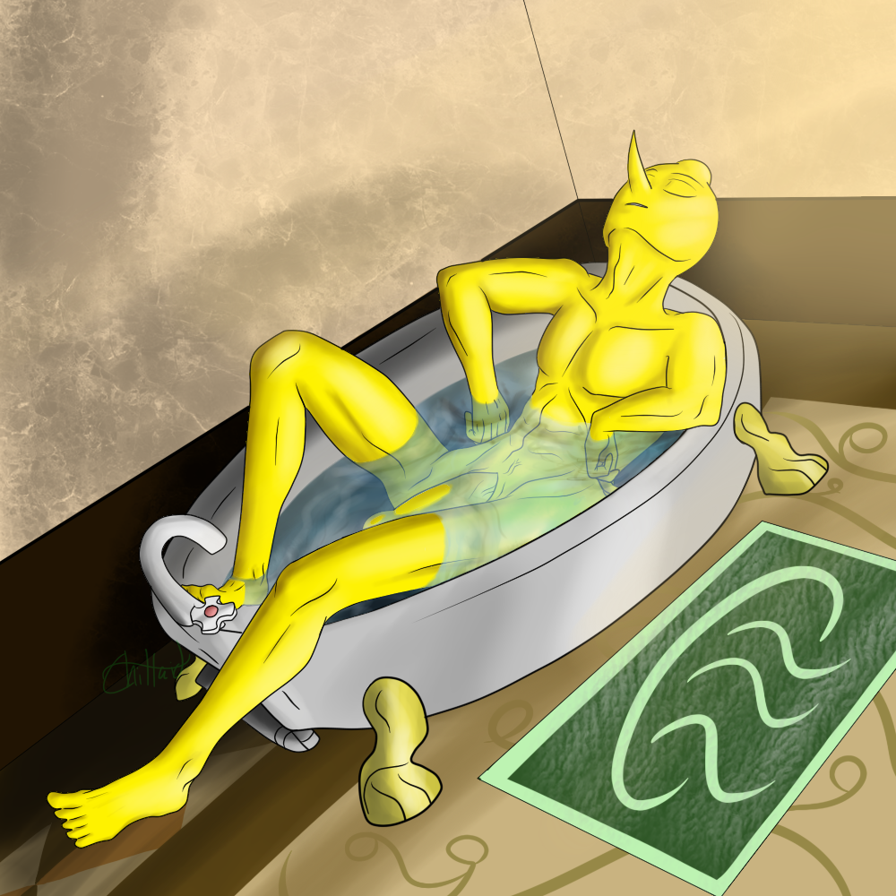 adventure_time anthro antiggravityfox bath_mat bathing bathtub biped cartoon_network earl_of_lemongrab food food_creature food_humanoid genitals humanoid male male_only nude partially_submerged penis plantigrade pointed_nose solo water