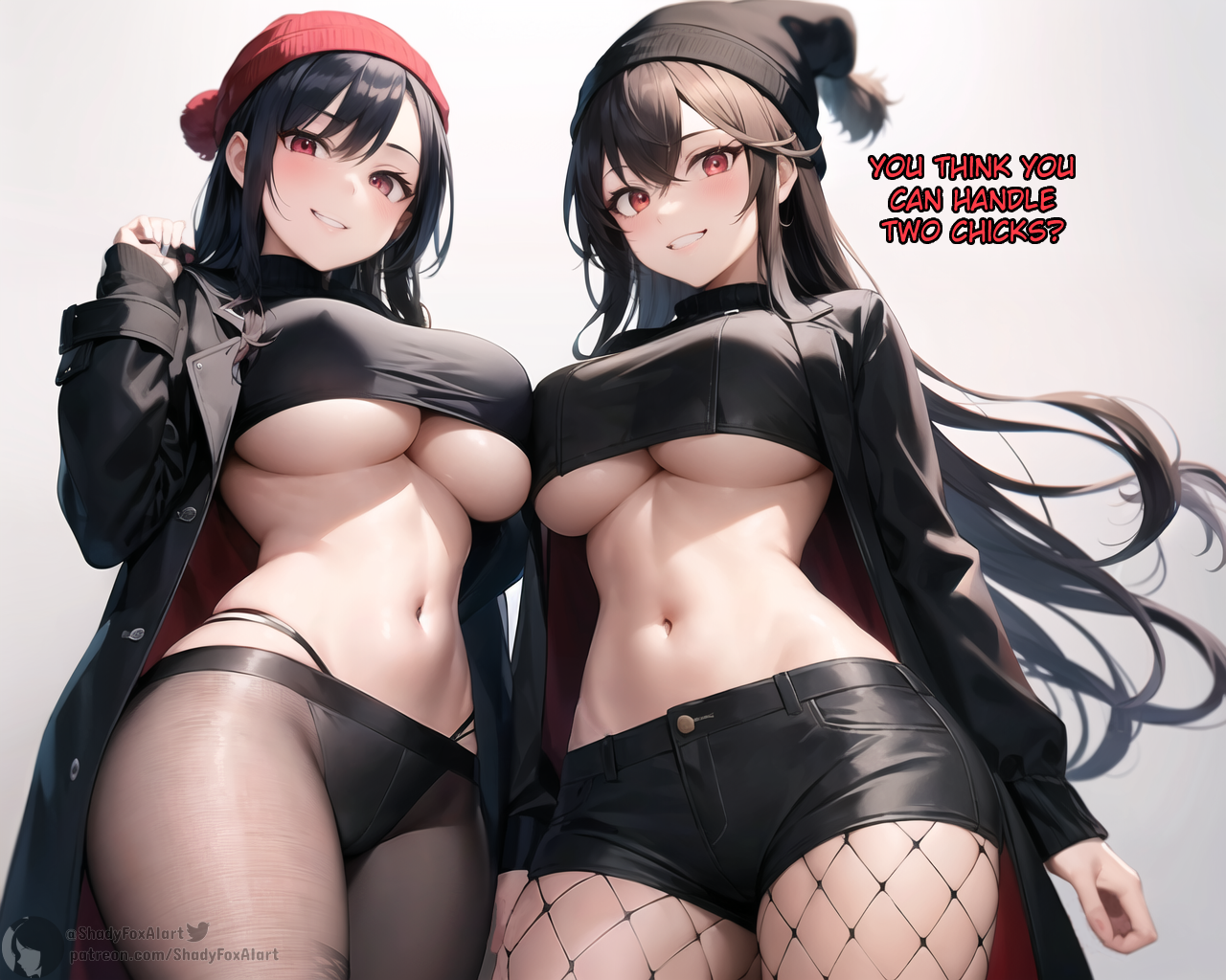 2girls, ai generated, bangs, beanie, beanie hat, big breasts, black hair, black jacket, blush, breasts, caption, coat, english text, female, female only, fishnet legwear, fishnets, gradient, hat, jacket, long hair, long sleeves, looking at viewer, navel, open clothes, open coat, open jacket, pantyhose, red eyes, shadyfox, simple background, skirt, smile, stable diffusion, stomach, talking to viewer, teeth, text, underboob, white background