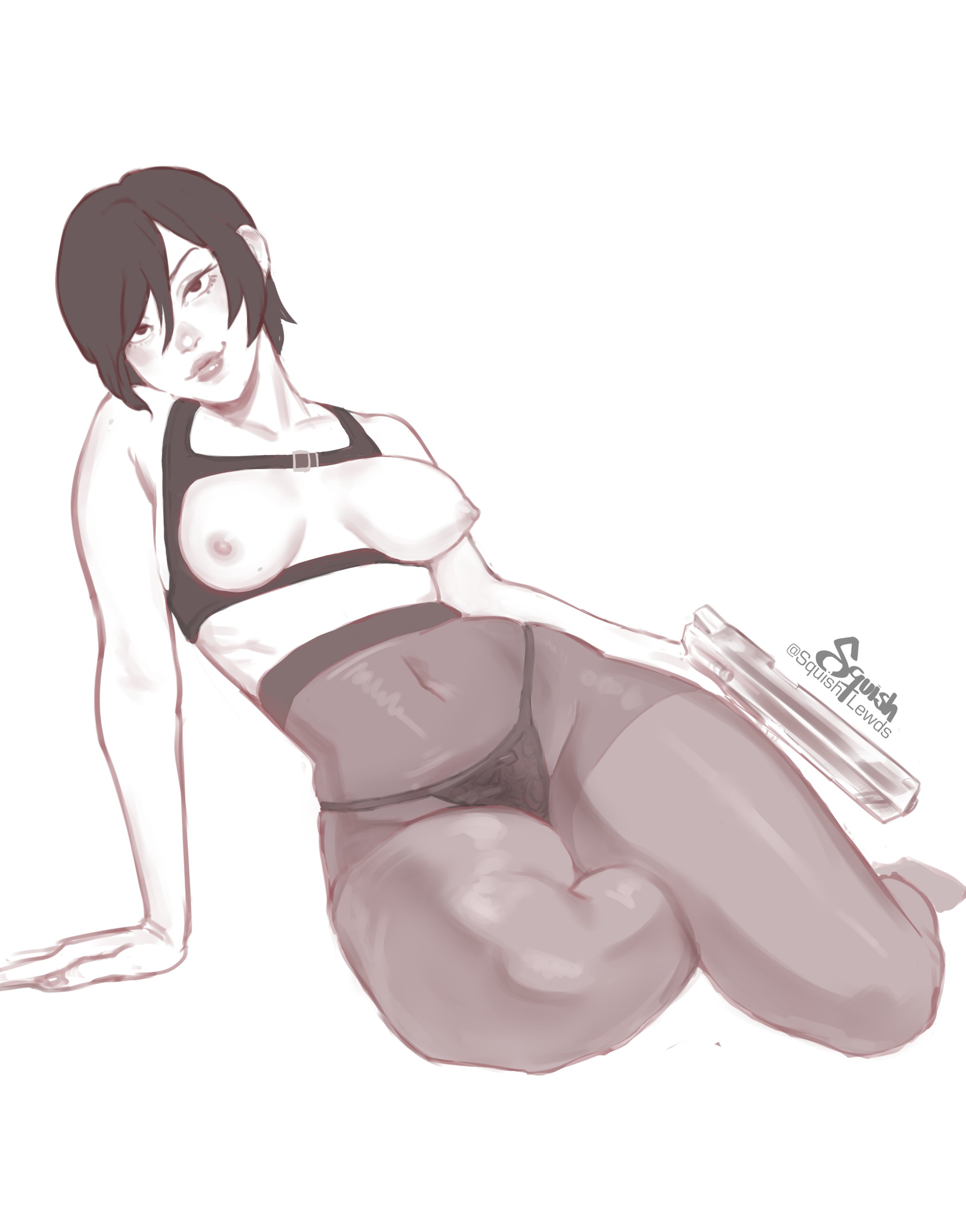 1girls, ada wong, ada wong (adriana), breasts, capcom, female, female only, gun, pantyhose, resident evil, solo, squishlewds, thong, weapon