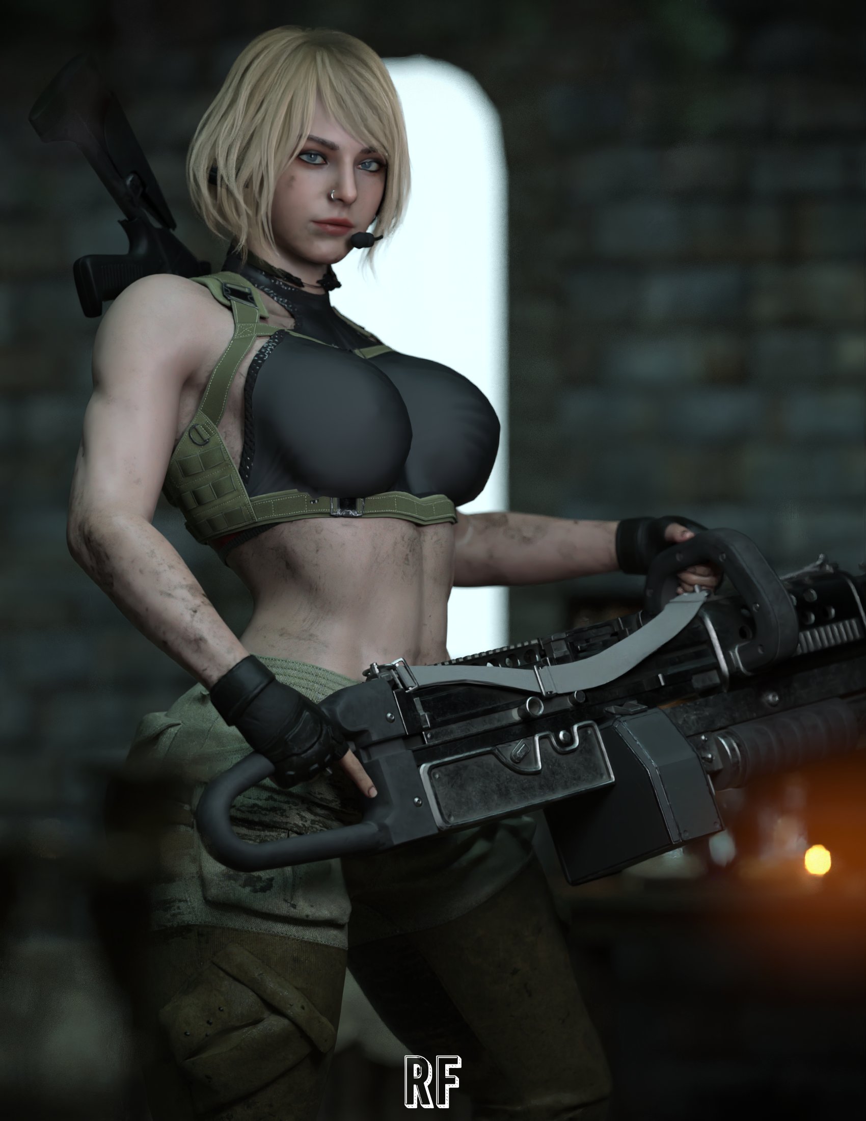 1girls, 3d, abs, armwear, ashley graham, ashley graham (ella freya), belt, big breasts, blonde hair, breasts, capcom, clothing, electronics, female, female only, firearm, fit, fit female, gun, handwear, human, machine gun, midriff, nose piercing, pale skin, resident evil, resident evil 4, resident evil 4 remake, rifle, rude frog, tactical gear, weapon, wristwear