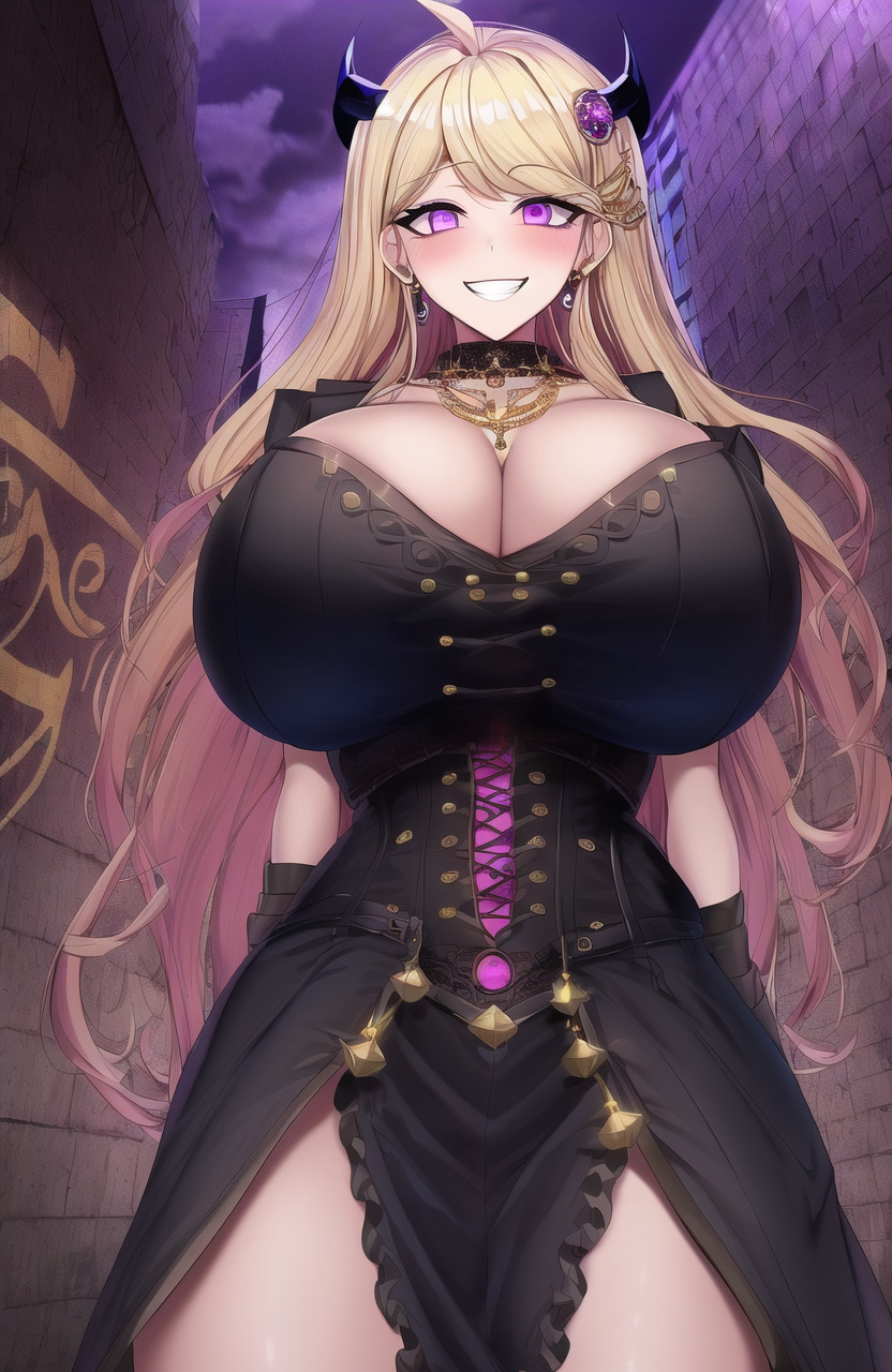 ai generated, akamatsu kaede, alley, bimbo, breasts, danganronpa, danganronpa v3, demon, demon girl, female, huge breasts, large breasts, new danganronpa v3, novelai, tagme