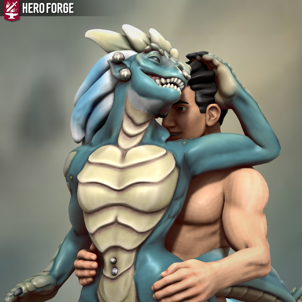 2boys anal anal_sex big_ass blue_scales effeminate femboy from_behind gay hands_on_hips hero_forge hip_grab horns human human_male interspecies lizardman piercings reptile_humanoid scalie thick_hips thick_thighs yaoi