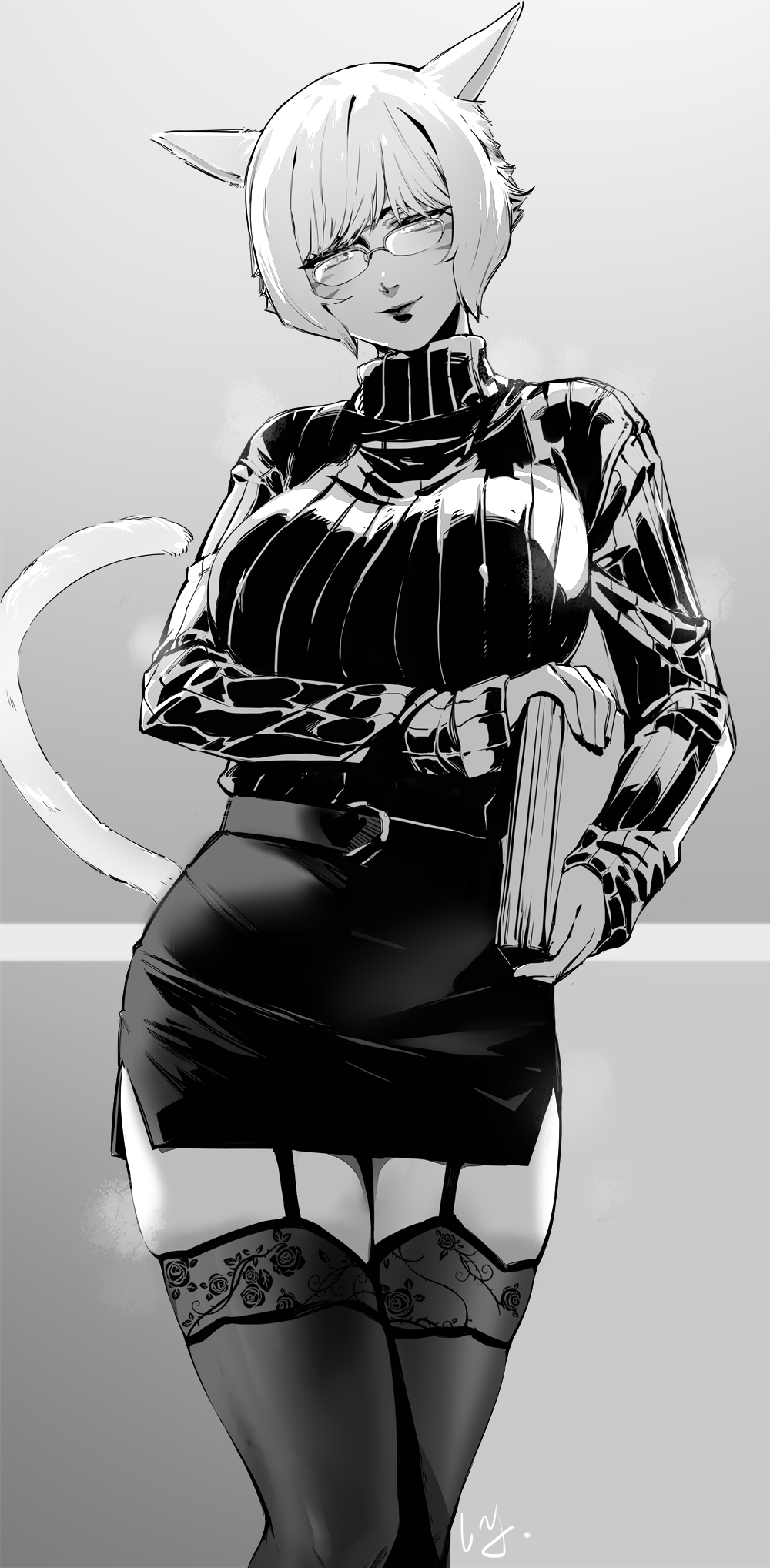 breasts, cat ears, cat tail, female, final fantasy, final fantasy xiv, garter belt, large breasts, miqo'te, sweater, tagme, thighhighs, y'shtola