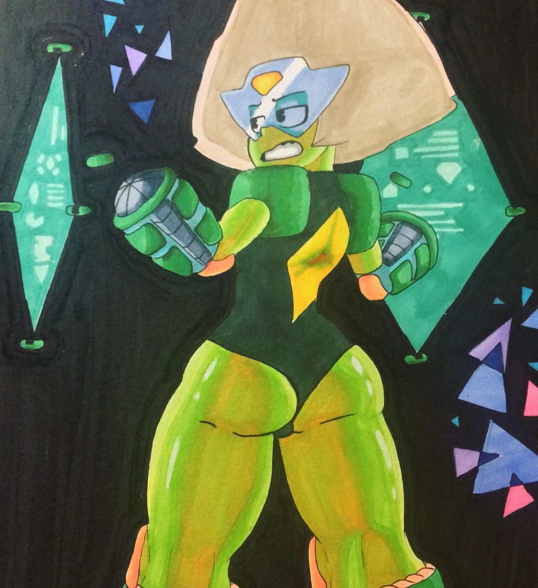 2020 ass ass_focus big_ass female gem_(species) green_skin leotard open_back_dress peppyrobo peridot_(steven_universe) steven_universe traditional_art viewed_from_behind