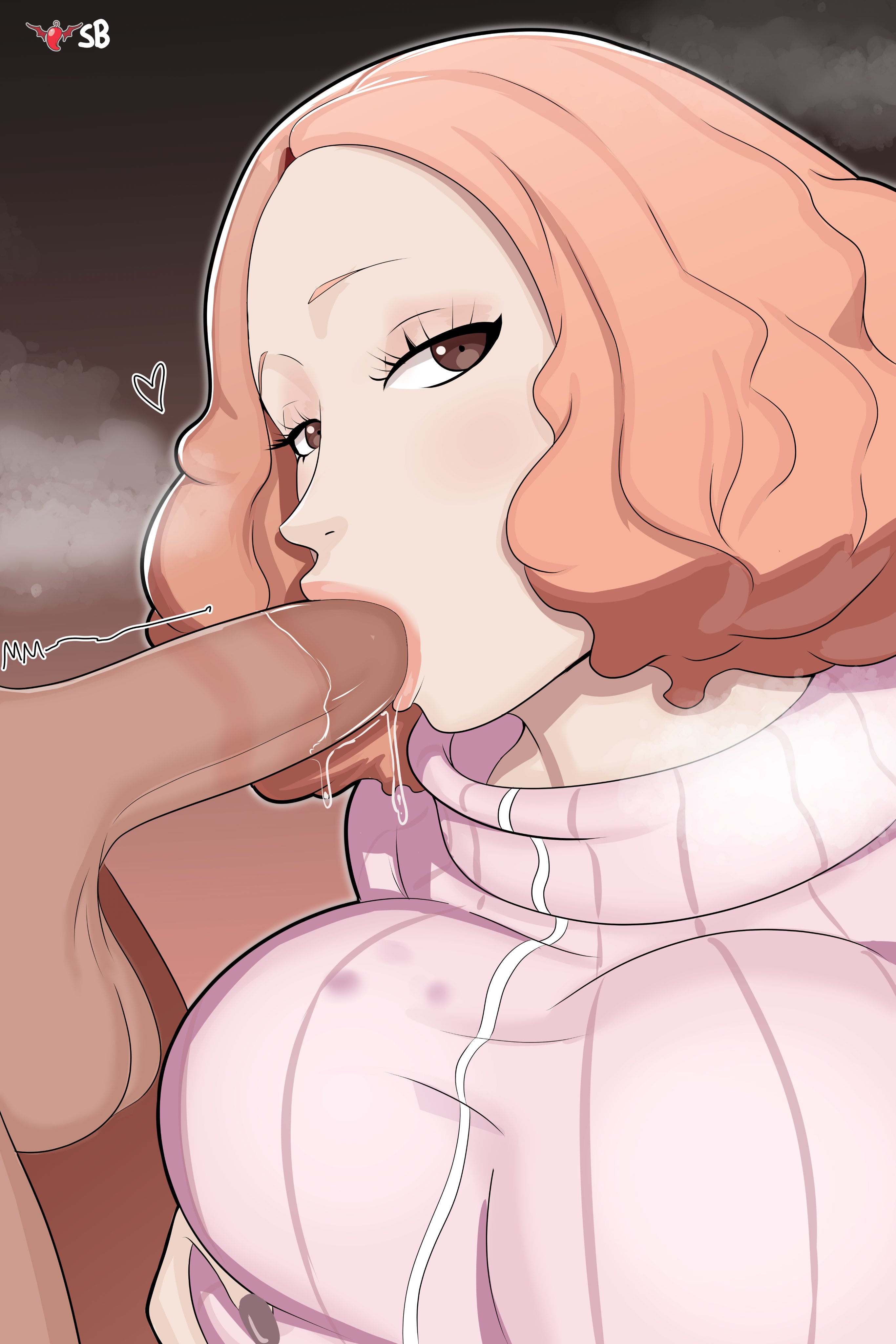 1boy, 1girls, atlus, balls, blowjob, breasts, brown eyes, brown hair, curly hair, female, haru okumura, hi res, huge breasts, light skin, light-skinned female, light-skinned male, male, penis, persona, persona 5, ren amamiya, saliva, short hair, spicyburrd, sweater, uncensored