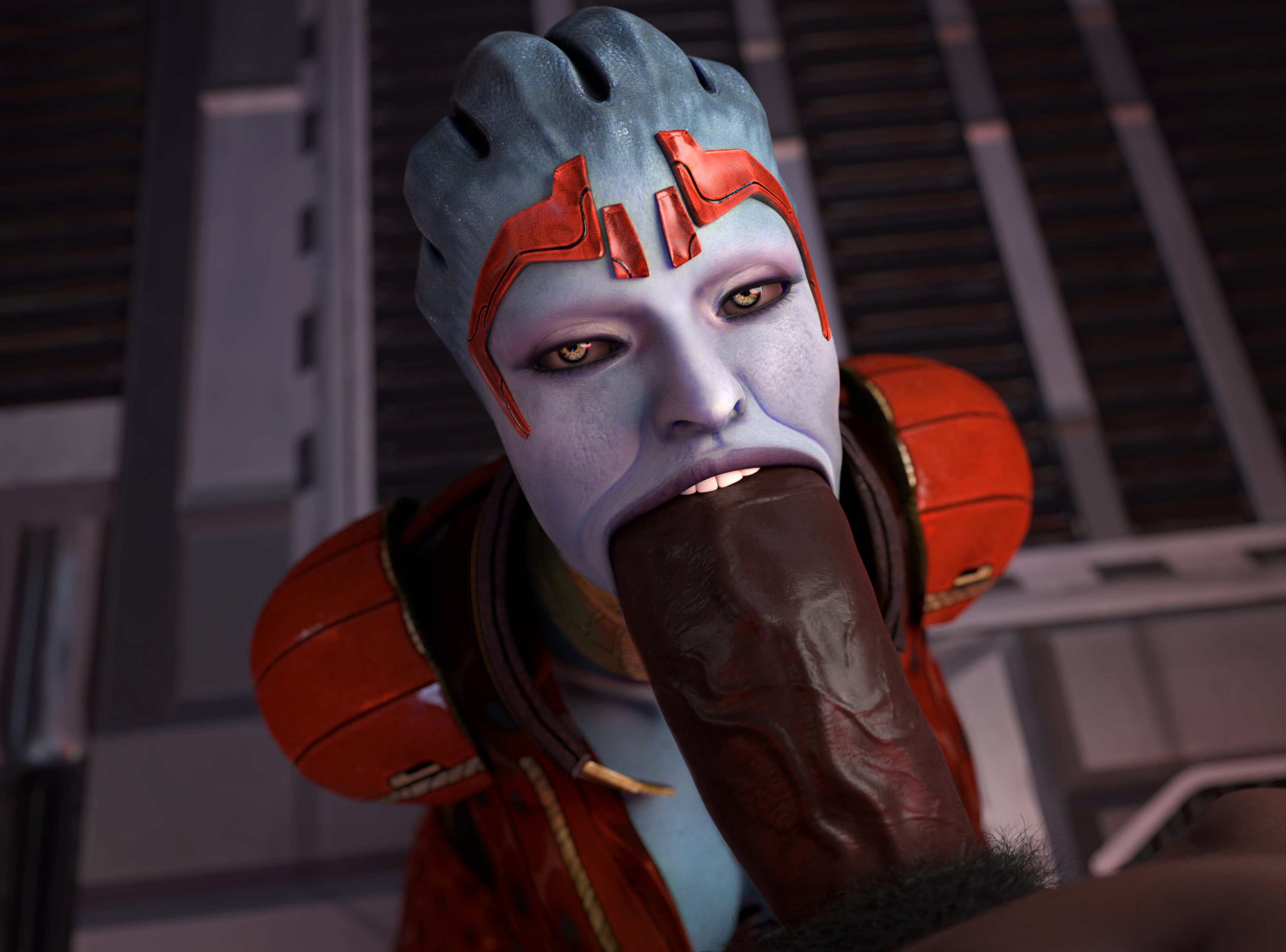 1boy, 1girls, 3d, alien girl, bioware, blue eyes, blue skin, dark skin, dark-skinned male, edit, edited, fellatio, female, huge cock, interspecies, large penis, male, mass effect, mass effect 2, mass effect 3, oral sex, penis, samara, sfmlover22