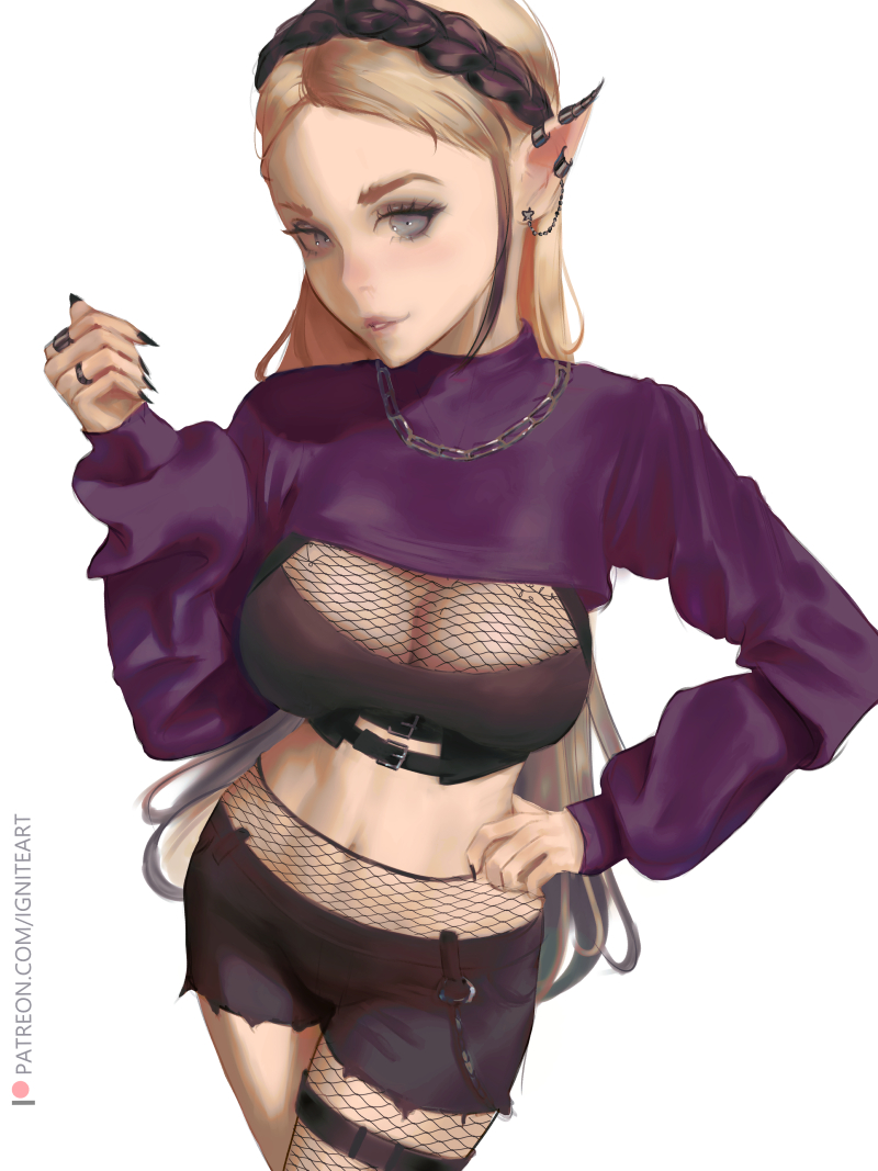 2022, 2d, alternate eye color, artist name, black pupils, blonde hair, blue eyes, breath of the wild, digital media (artwork), eyebrows, eyelashes, female, female only, fishnet stockings, fishnet topwear, goth, goth girl, hair, hand on hip, ignitesart, light skin, light-skinned female, long hair, looking at viewer, navel, necklace, nintendo, patreon logo, patreon url, princess zelda, shorts, slight blush, smile, smiling at viewer, solo, standing, tagme, the legend of zelda, url, white sclera, zelda (breath of the wild)