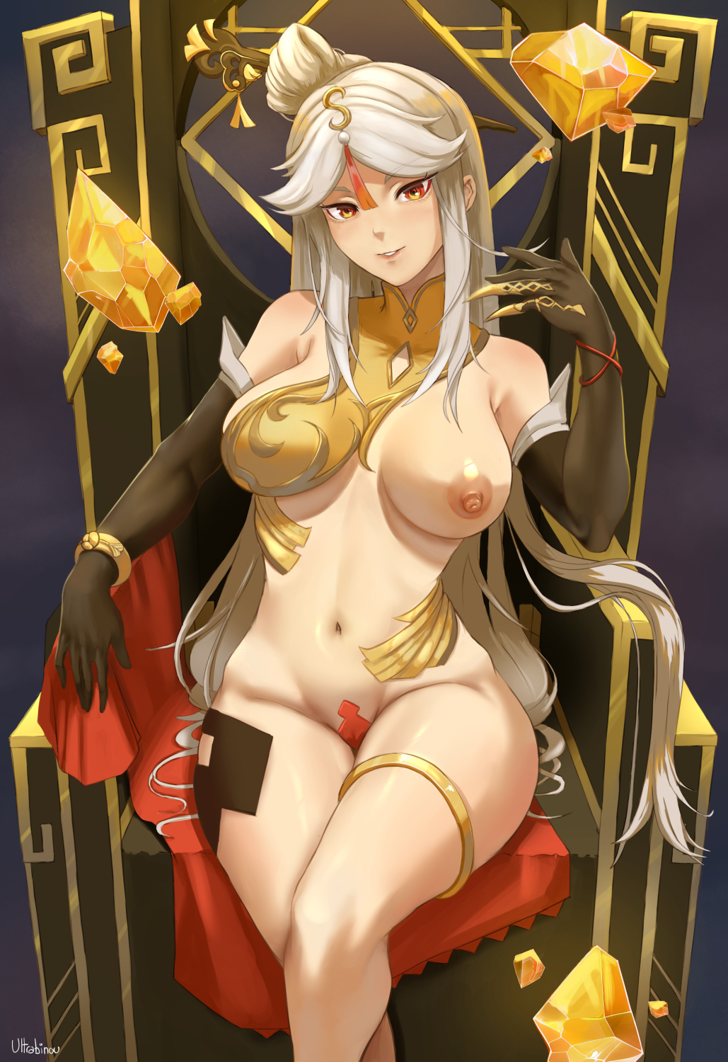 1girls, belly button, breasts, elbow gloves, female, genshin impact, hair ornament, long hair, multicolored eyes, ningguang (genshin impact), one breast out, red eyes, stomach, throne, ultrabinou, watermark, white hair, yellow eyes