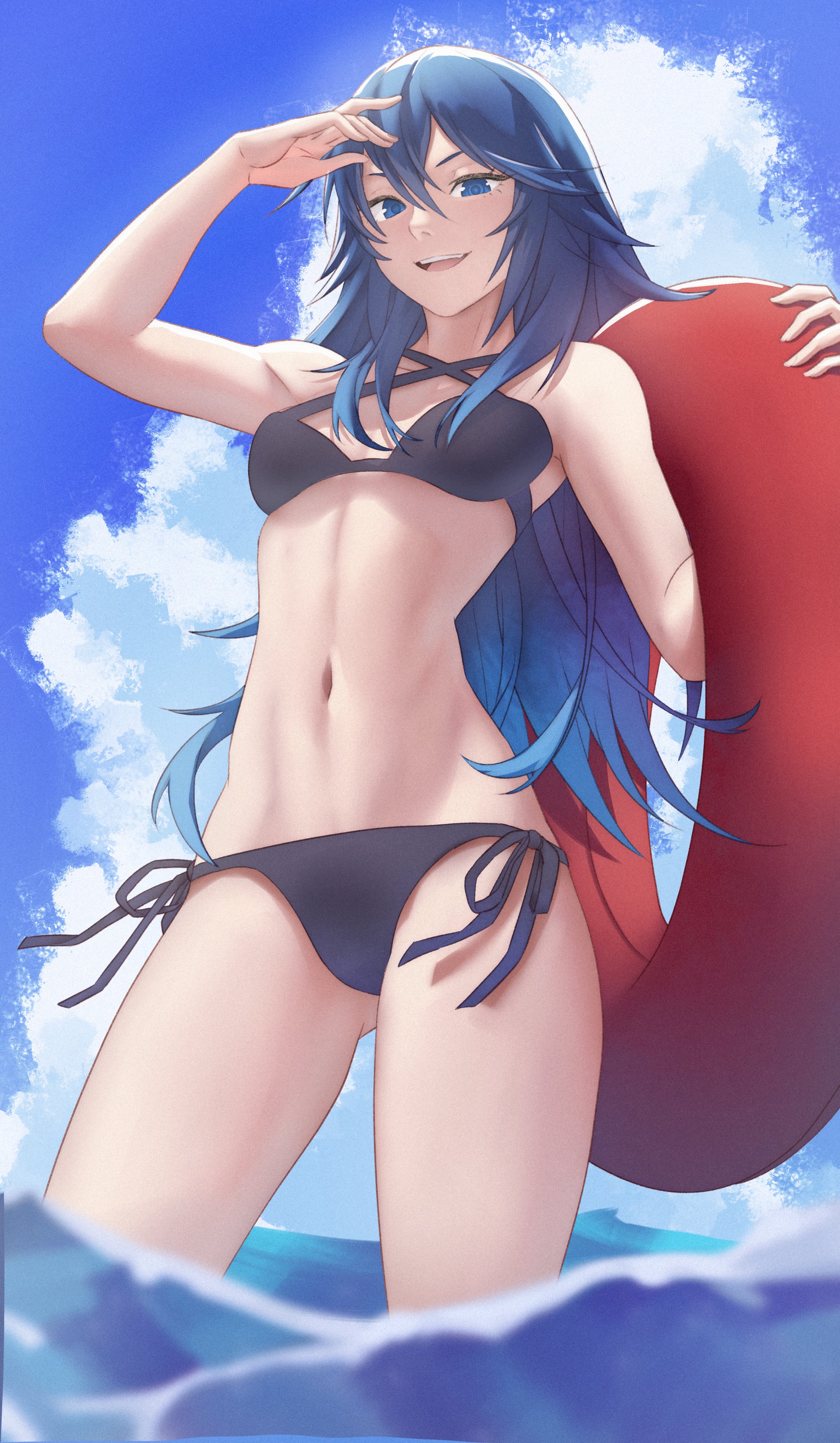 1girls, absurdres, alternate costume, arm up, ass visible through thighs, bikini, black bikini, black swimsuit, blue bikini, blue eyes, blue hair, blue sky, blurry, blurry foreground, blush, breasts, cloud, cloudy sky, day, eyelashes, feet out of frame, female, female only, fire emblem, fire emblem awakening, from below, gradient hair, hair between eyes, halterneck, hand up, highres, holding, innertube, looking at viewer, lucina (fire emblem), multicolored hair, navel, nintendo, open mouth, outdoors, partially submerged, pomelomelon, shadow, side-tie bikini bottom, sidelocks, sky, small breasts, smile, solo, swimsuit, symbol-shaped pupils, teeth, thighs, upper teeth, very long hair, wading, water