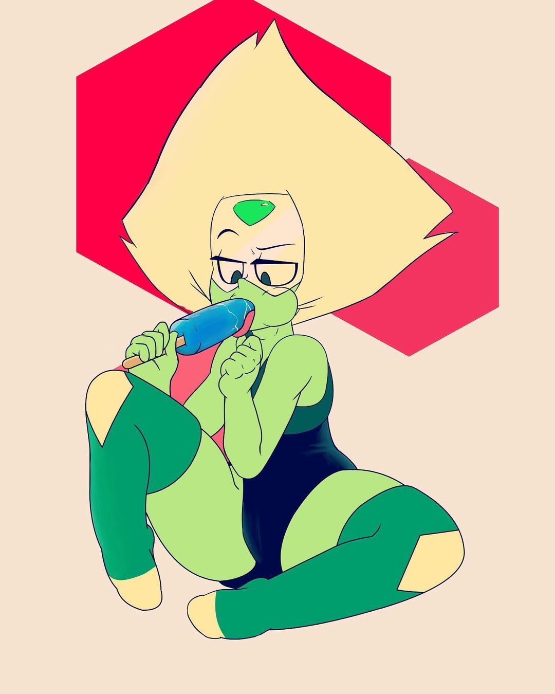 gem_(species) green_eyes green_skin leotard peppyrobo peridot_(steven_universe) popsicle popsicle_in_mouth popsicle_melting steven_universe thigh_highs thighhighs tongue yellow_hair