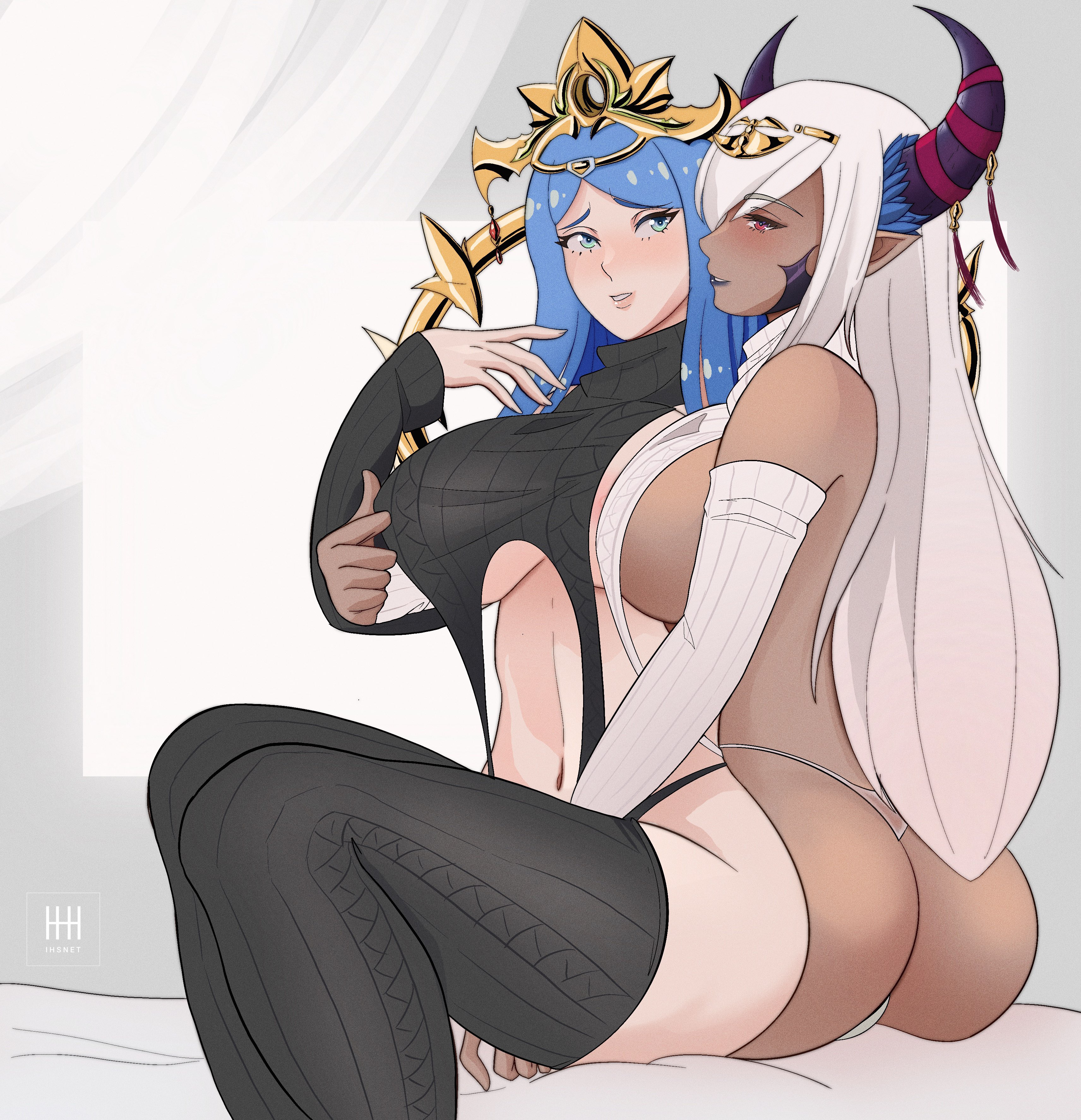 2girls, absurdres, after kiss, areola slip, ass, asymmetrical horns, bare shoulders, black panties, black sweater, black thighhighs, blue eyes, blue hair, blush, breast grab, breasts, cameltoe, circlet, cleavage, commission, crown, dark skin, dark-skinned female, detached sleeves, dragon girl, female, female only, fire emblem, fire emblem engage, grabbing, hair ornament, hair over one eye, highres, holding, horns, ihsnet, jewelry, large breasts, long hair, lumera (fire emblem), mature female, meme attire, multiple females, multiple girls, navel, nintendo, non-web source, open mouth, panties, pointy ears, purple eyes, purple ribbon, pussy, revealing clothes, ribbon, sideboob, smile, sweat, sweater, tan, tassel, tassel hair ornament, thighhighs, thighs, thong, tiara, turtleneck, underboob, underwear, very long hair, virgin destroyer sweater, white panties, white sweater, white thighhighs, yuri, zephia (fire emblem)